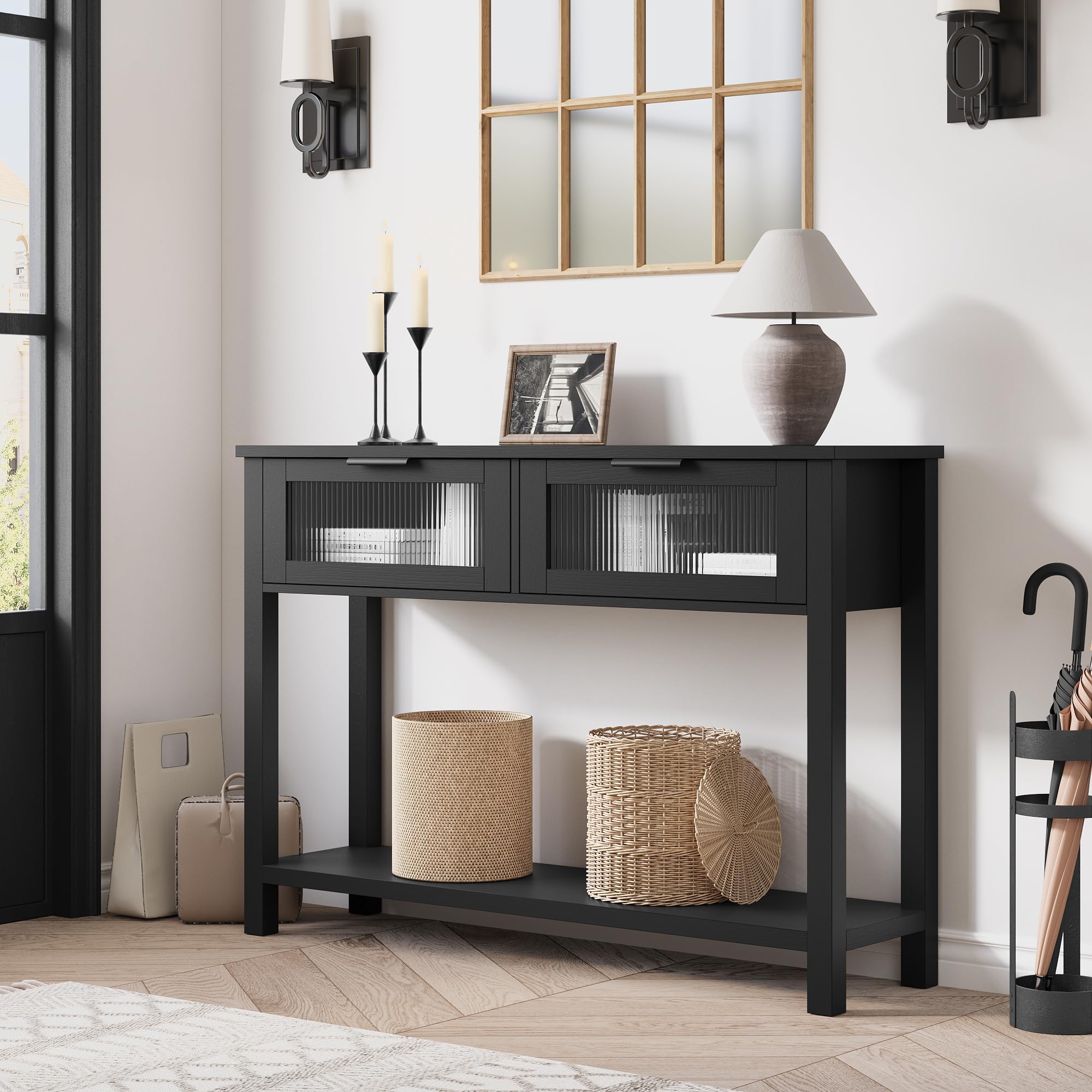 Drewniany stół konsolowy z 2 szufladami, wąski stół wejściowy z 2 poziomami, mebel do przedpokoju z 4 drewnianymi nogami, skandynawski stolik pomocniczy/stolik przy kanapie do przedpokoju, sypialni