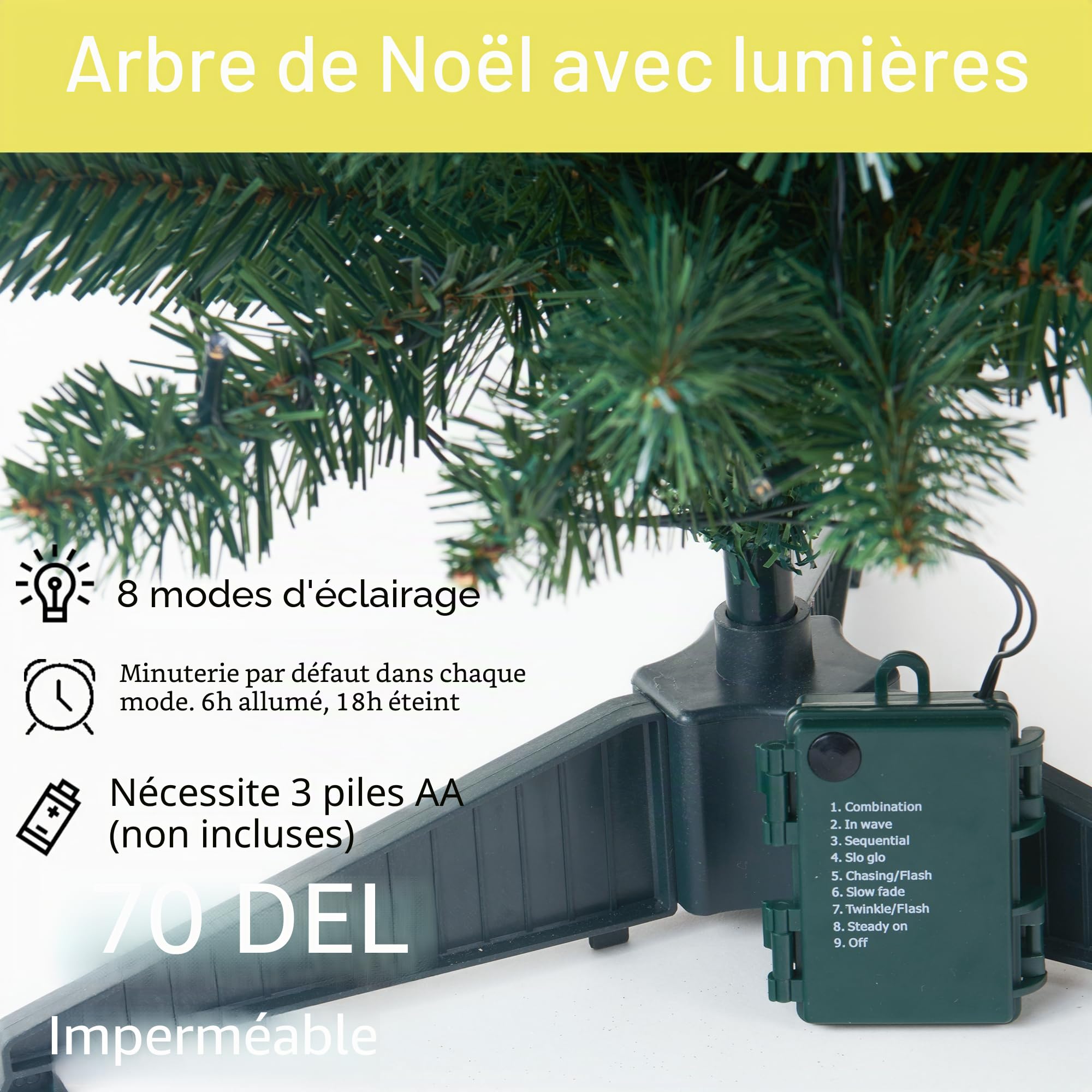 HomeKaren Sapin de Noël Artificiel pré-éclairé de 120 cm, Fonctionne à Piles, avec 70 LED et 210 Branches pour décoration d'intérieur et d'extérieur