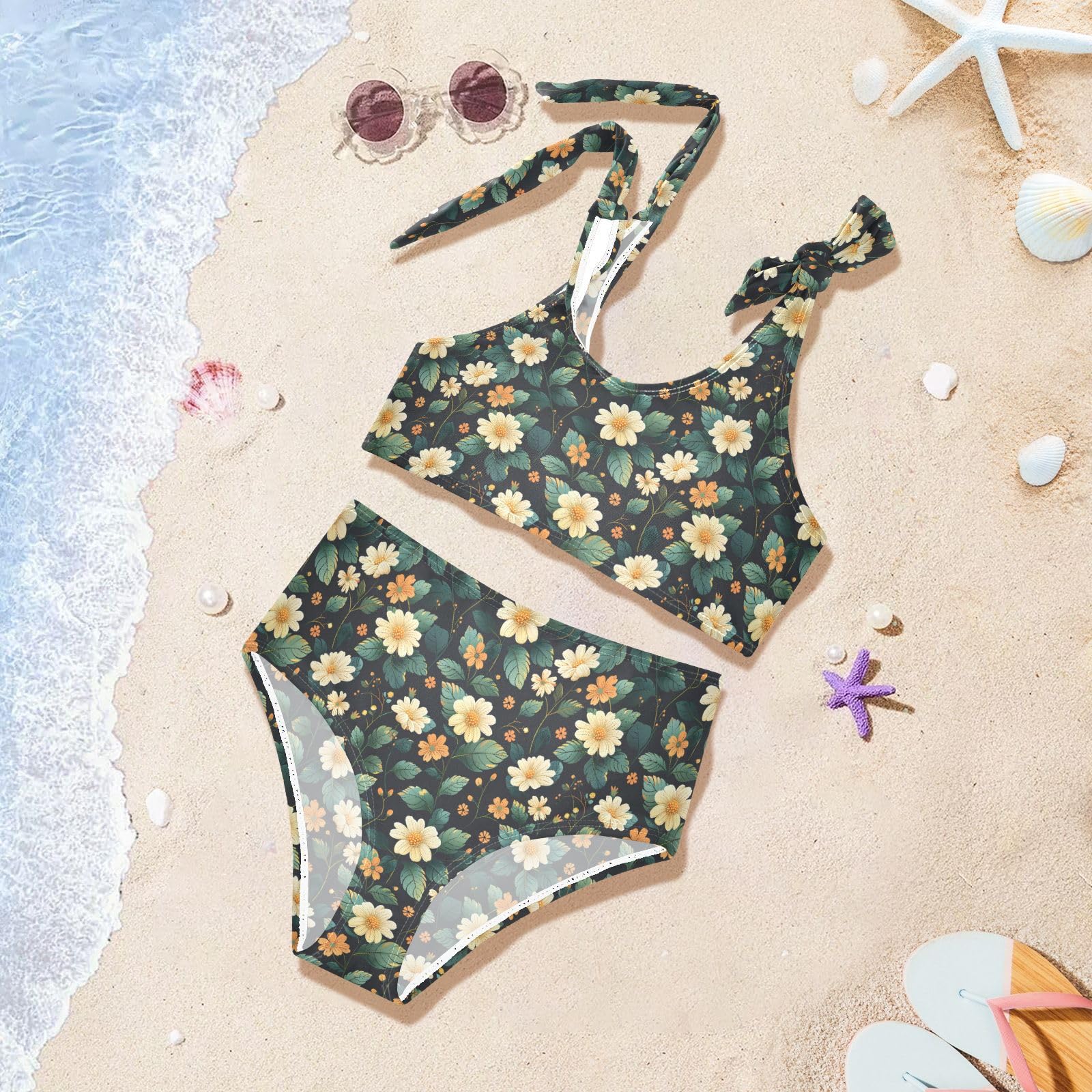 White Floral Green Pattern Girls Tankini Swim Set, Two Piece Swimsuits Summer Bikini Swimwear Set for Girls, 3T