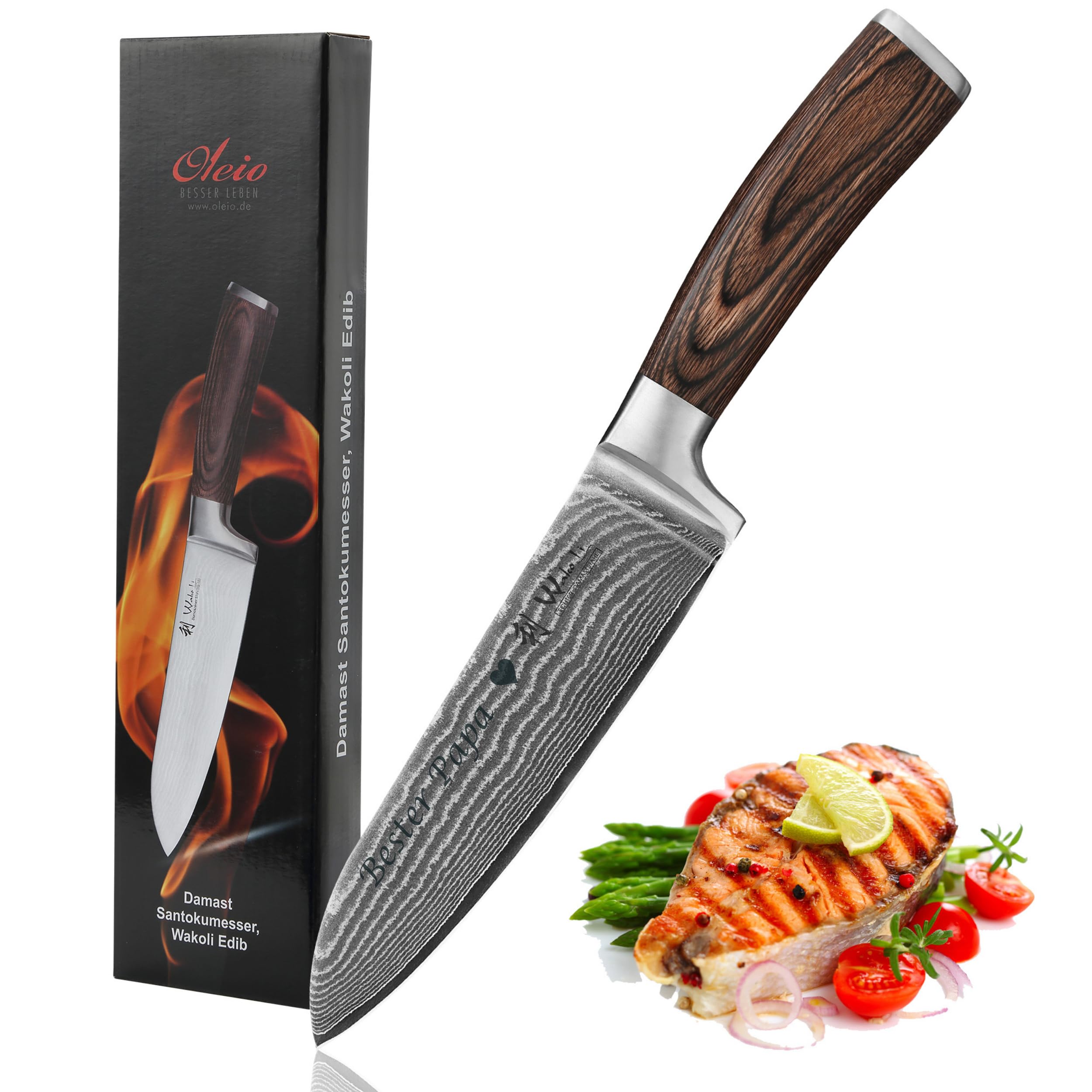 Wakoli EDIB Damastmesser Santoku mit Gravur – Personalisiertes Messer, 17 cm Klinge aus 67 Lagen Damaststahl (VG10-Kern), Pakkaholzgriff – Scharfes Küchenmesser Geschenk, Geschenkverpackung