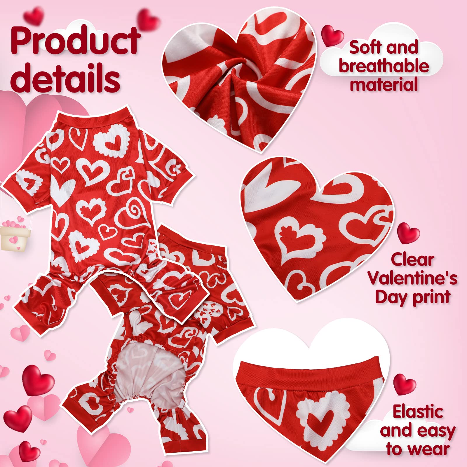 Weewooday 3 Piece Dog Pajamas Dog Bodysuit & Jumpsuit Set, Heart Pattern Puppy Clothes for Puppy & Cat(S(fit 3.3-5.5lbs))