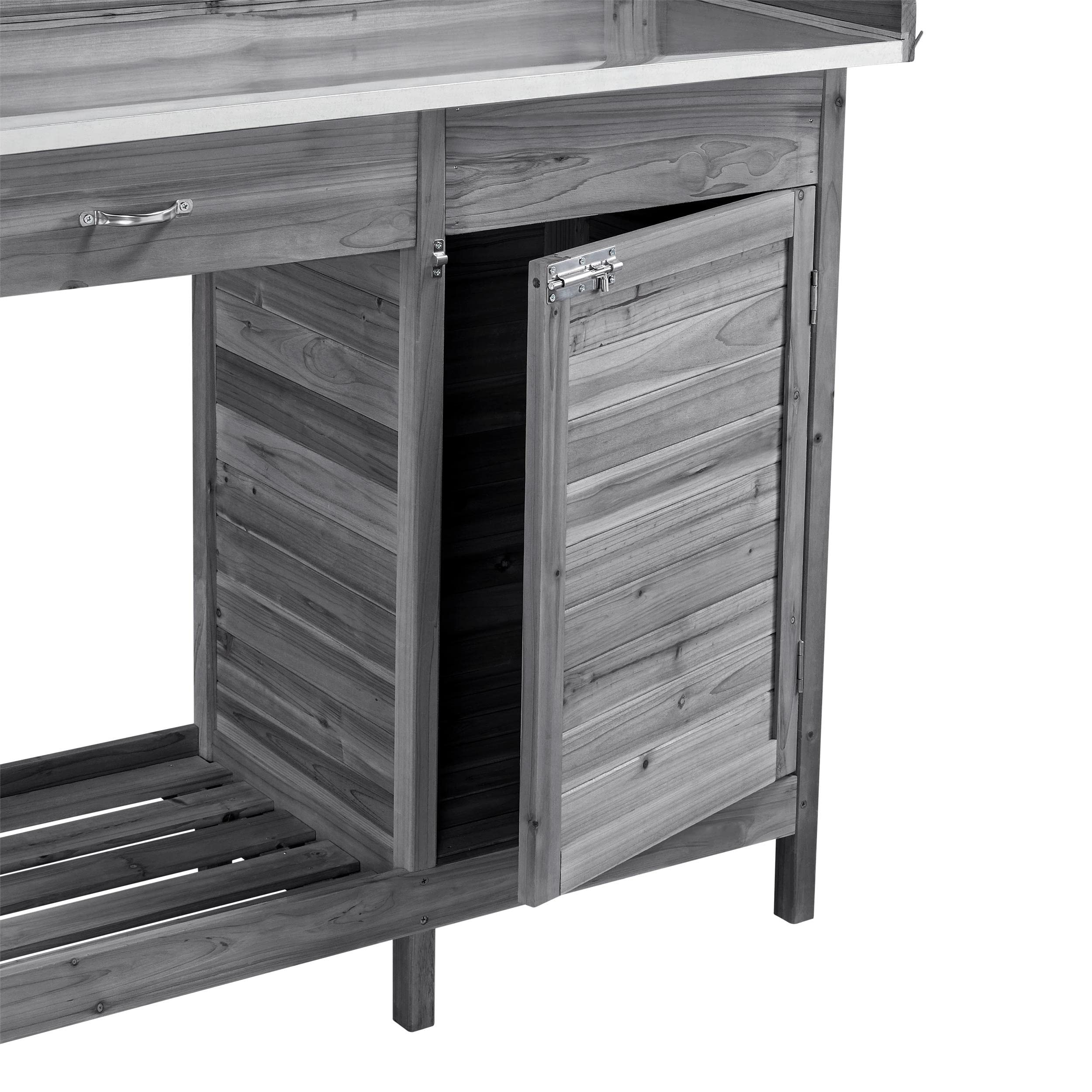 Abician Table de Rempotage Extérieure en Bois avec Tiroir Plan de Travail en Métal Étagère de Rangement Placard Inférieur 3 Crochets Latérales Table de Jardin pour Pots de Fleurs Gris