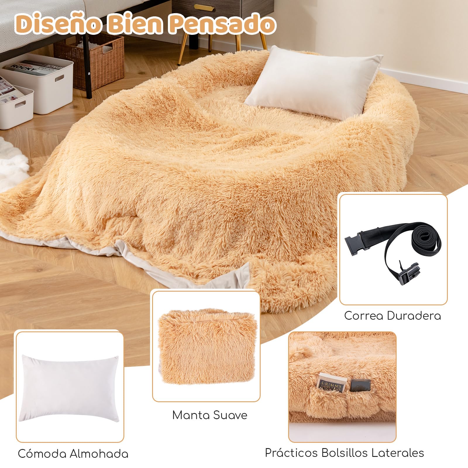 COSTWAY Cama para Mascotas y Personas, Cama Perro para Siesta Lavable y Esponjosa de Piel, con Correas de Almacenamiento, Funda Desmontable, Almohada Regordeta, para Personas, Mascotas