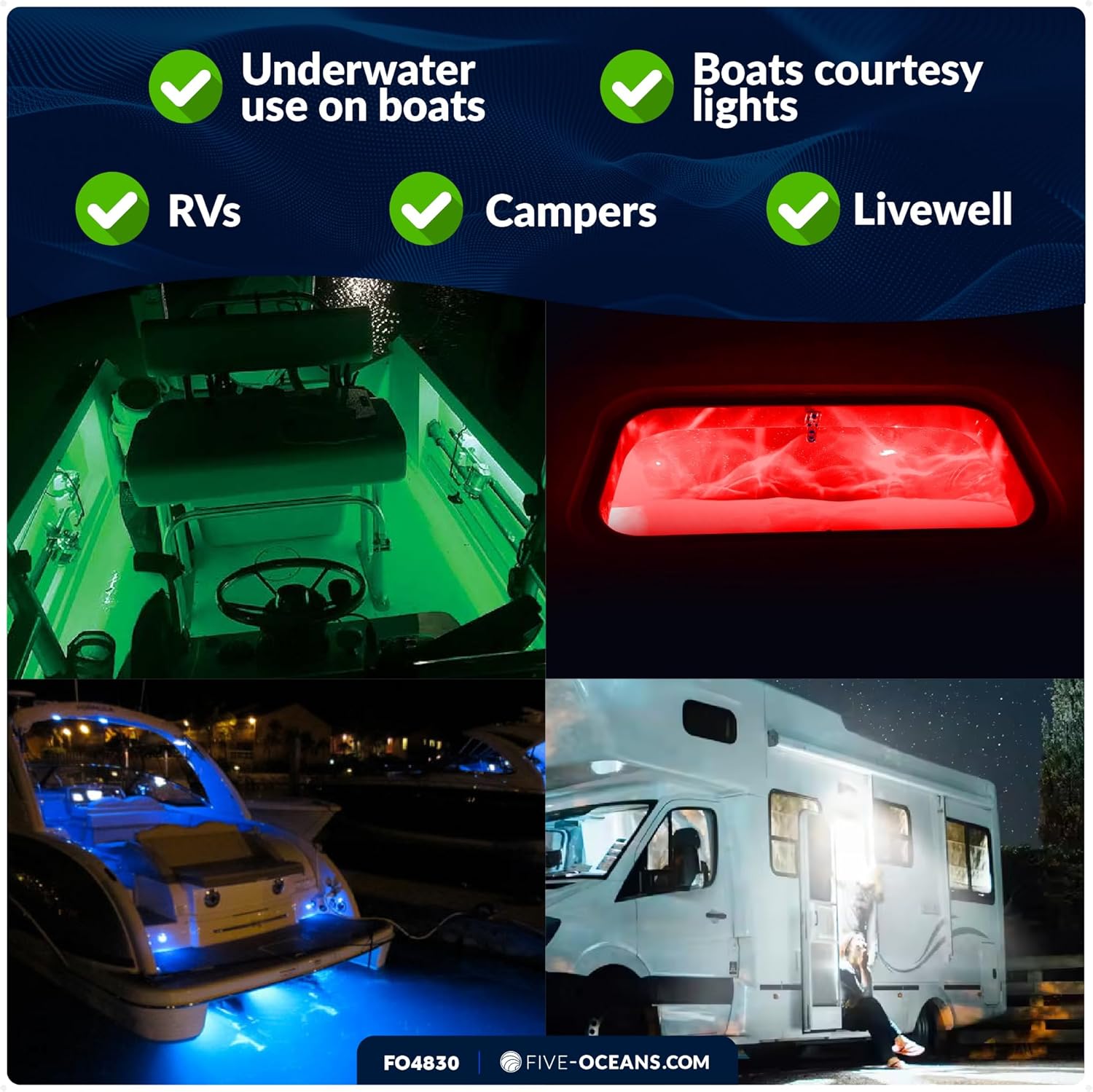 Five Oceans RGBW Internal Driver LED Boat Courtesy Lights, 2-Inch Round with 316 Stainless Steel Cap, 2-Pack, IP67 Waterproof, 12V, Thru-Hull Mount for Livewell, Baitwell & Underwater Light - FO4830