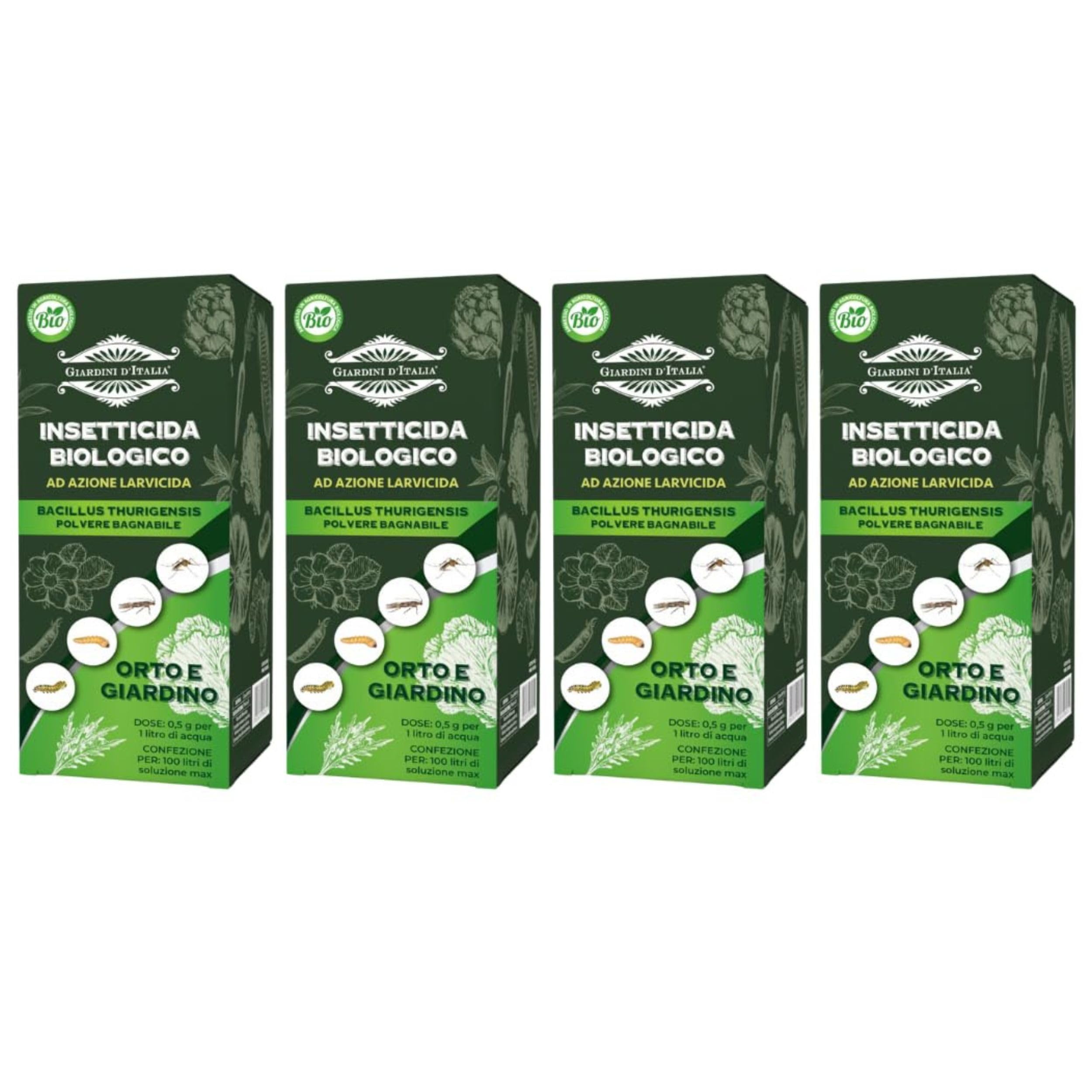 GIARDINI D'ITALIA - Insetticida Piante Biologico per Orto e Giardino a Base di Bacillus Thuringiensis, Insetticida in Polvere Bagnabile Contro Larve e Parassiti - Uso Professionale e Hobbistico, 4x50g