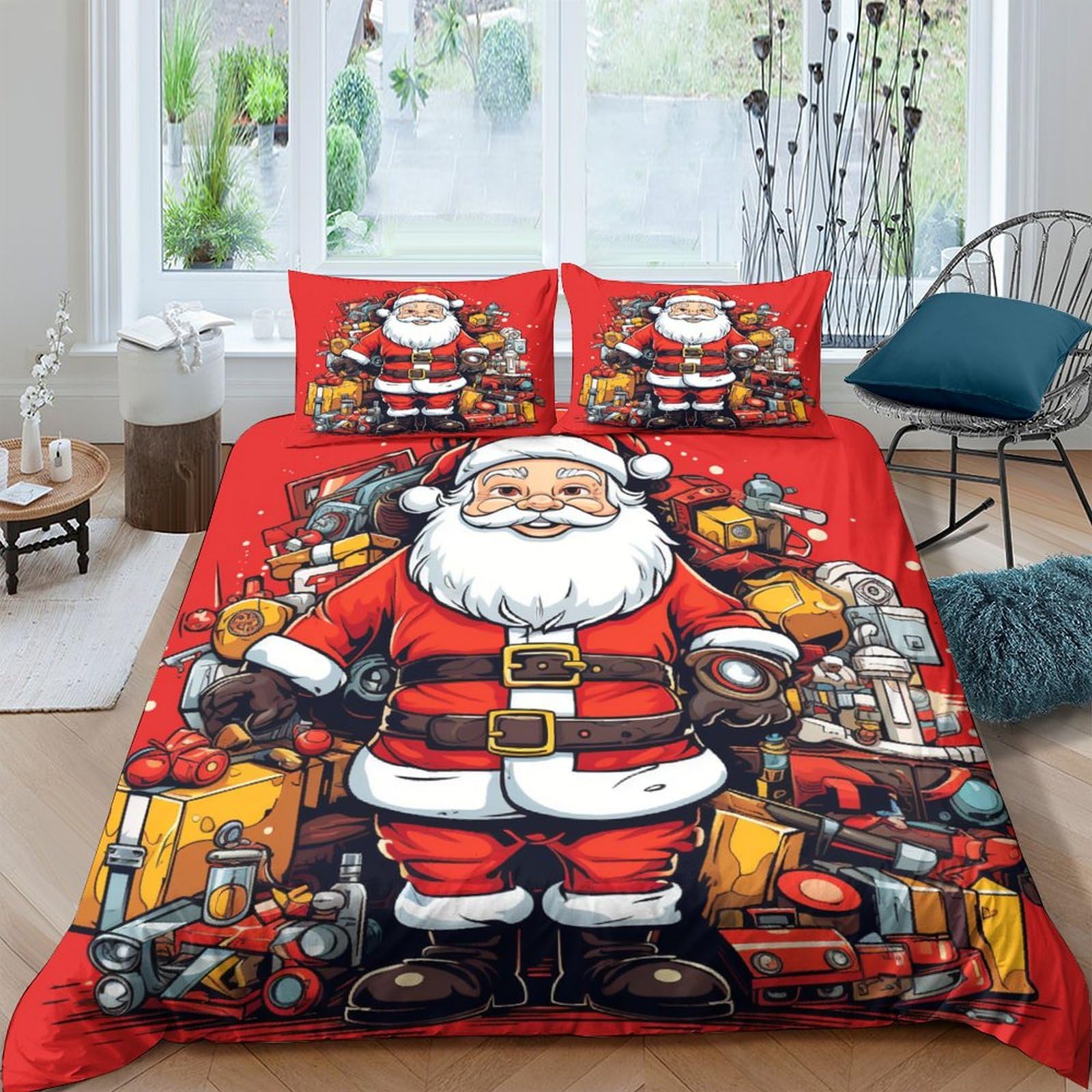 Housse de couette Père Noël 3D en microfibre 200x200 cm avec taies d'oreiller