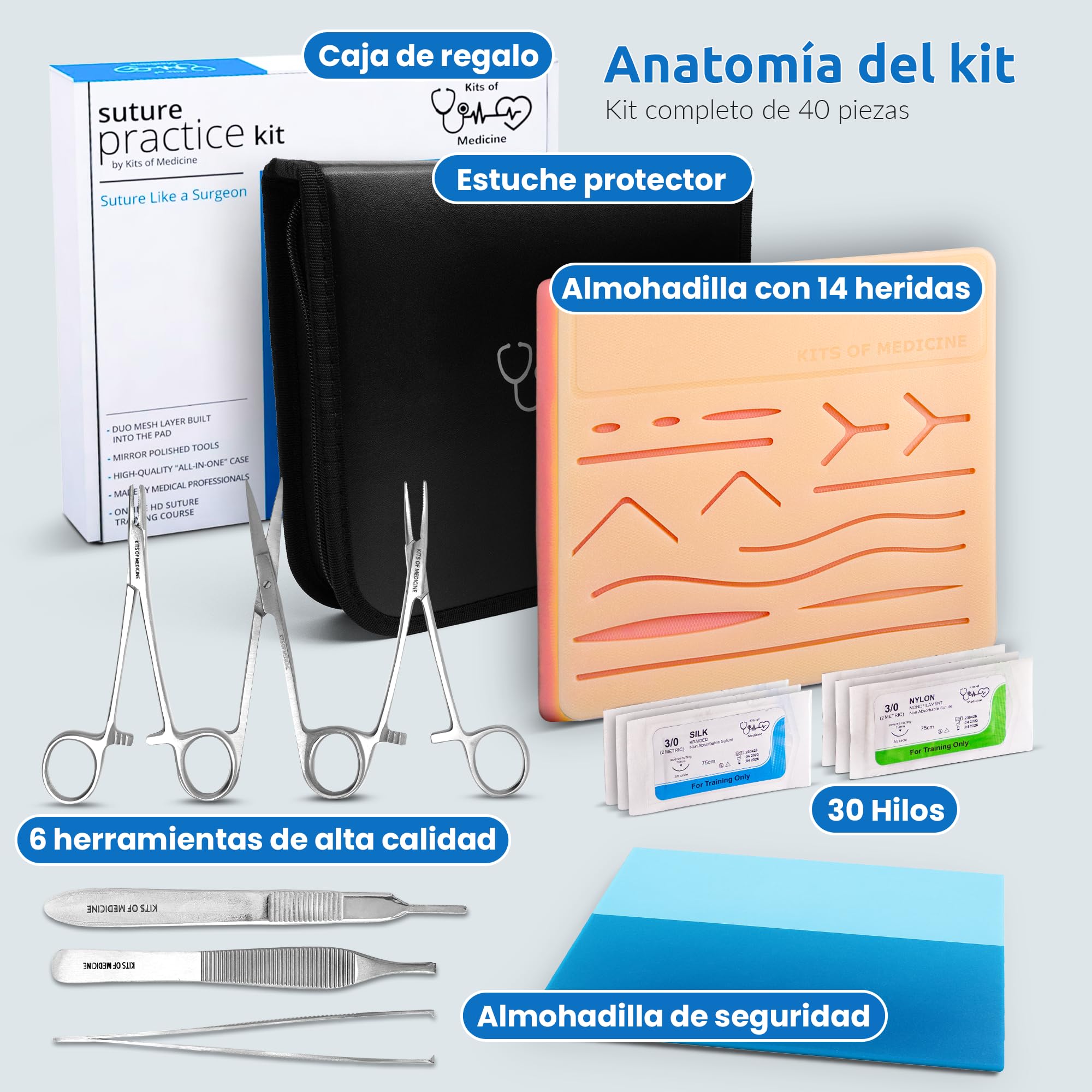 Kit de Práctica de Sutura | por Kits of Medicine | Curso de Sutura en 9 Vídeos en inglés | Kit Completo de Sutura para Prácticas de Estudiantes de Medicina, Veterinarias y Enfermería