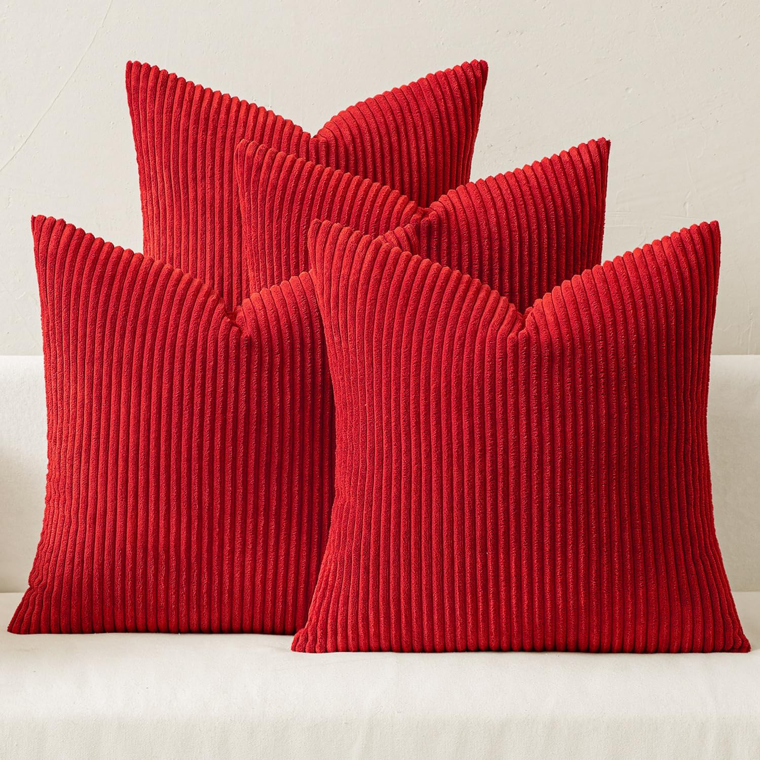 MIULEE Pack of 4 Red Corduroy Decorative Throw Pillow Covers 18x18 Inch Soft Boho Striped Pillow Covers Modern Farmhouse Home Decor for Winter Sofa Living Room Couch Bed 18" x 18" (Pack of 4) Red