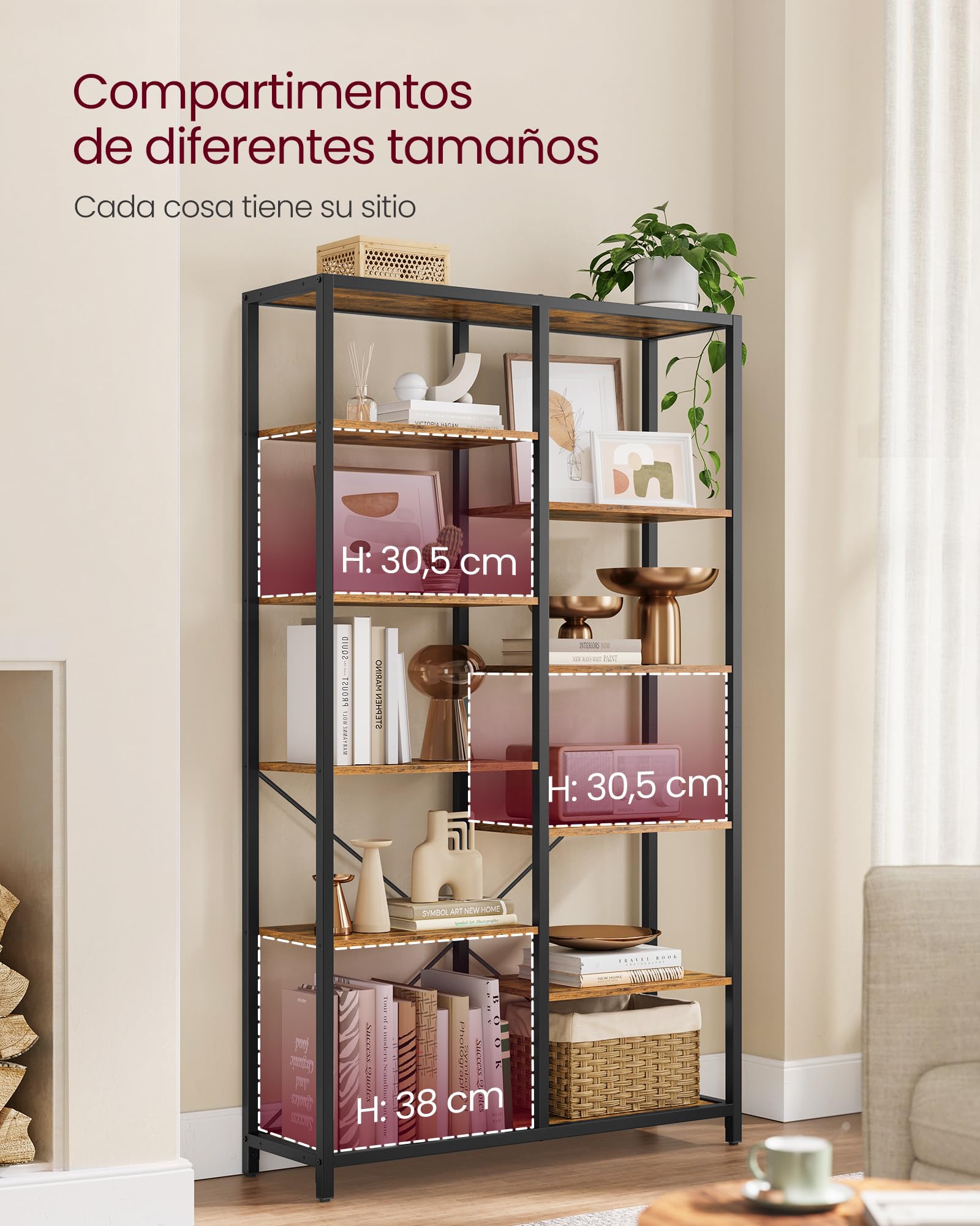 VASAGLE Librería de 5 Niveles, Biblioteca de Pie, Estantería de Almacenamiento, para Salón, Baño, Cocina, Pasillo, Montaje Simple, Marrón Rústico y Negro LLS155B01