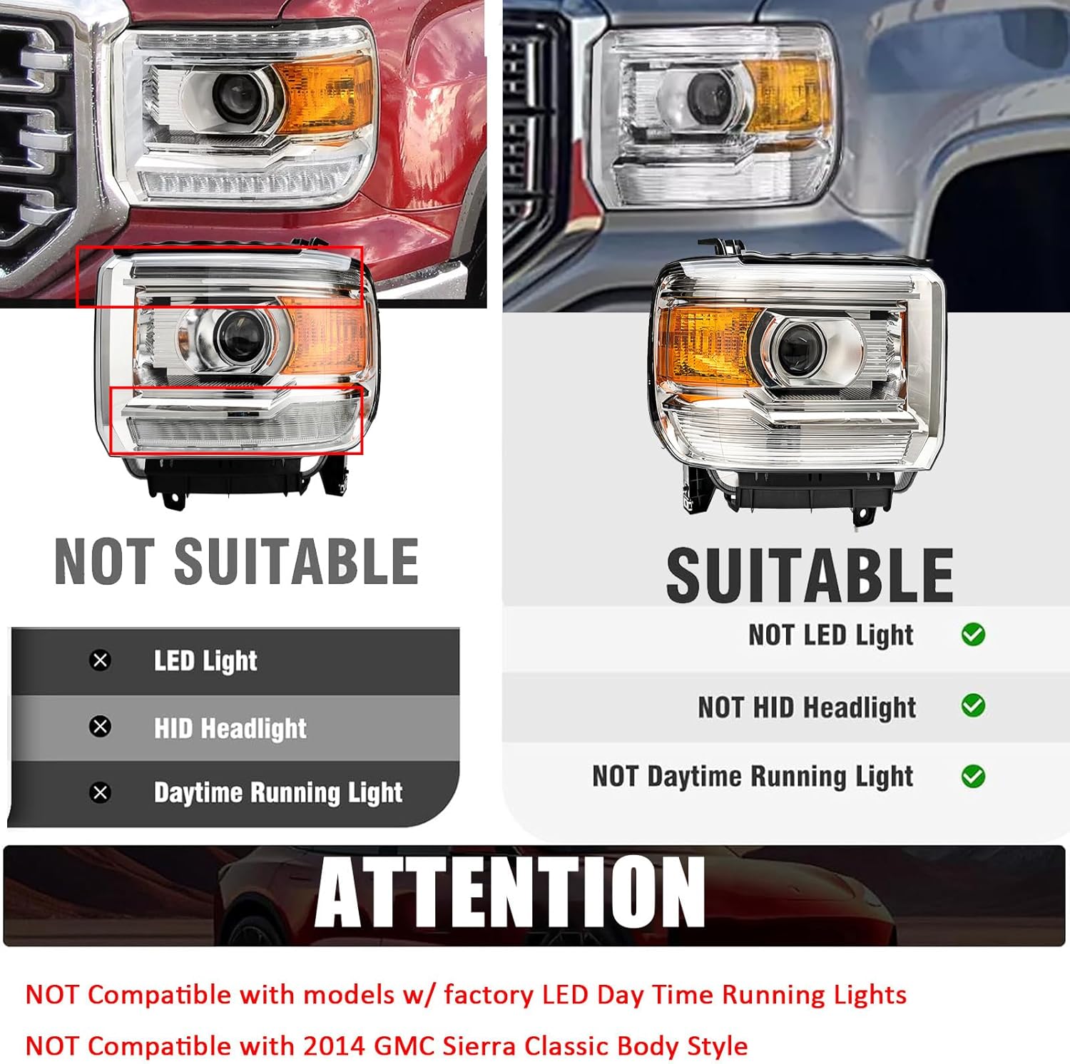 Chrome Amber Headlight Assembly w/Bulbs For 2014 2015 2016 2017 2018 GMC Sierra 1500, 15-19 GMC Sierra 2500HD 3500 HD Head Lights Headlamp Replacement L+R