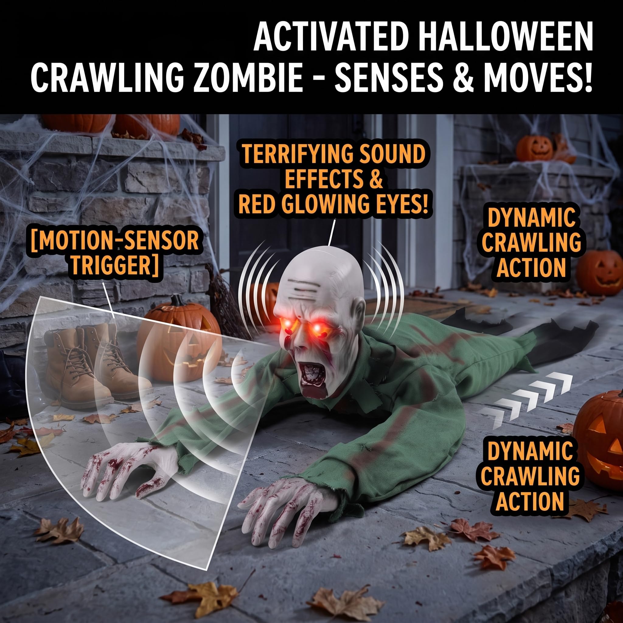 Décorations d'Halloween animatroniques Zombie rampant à commande vocale