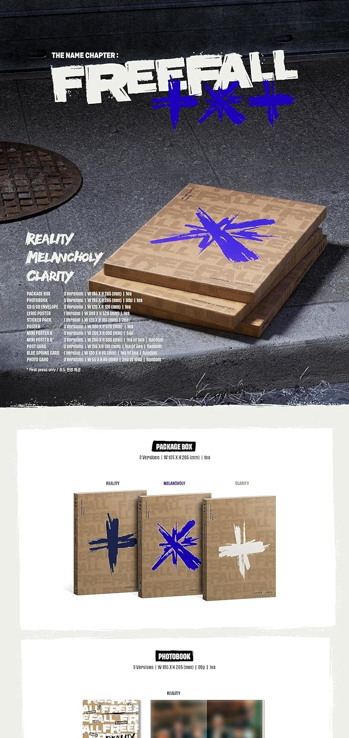 TXT The Name Chapter : FREEFALL 3rd Album Contents+Photocard+Sticker+Tracking Sealed Tomorrow X Together (Standard SET(REALITY+MELANCHOLY+CLARITY))