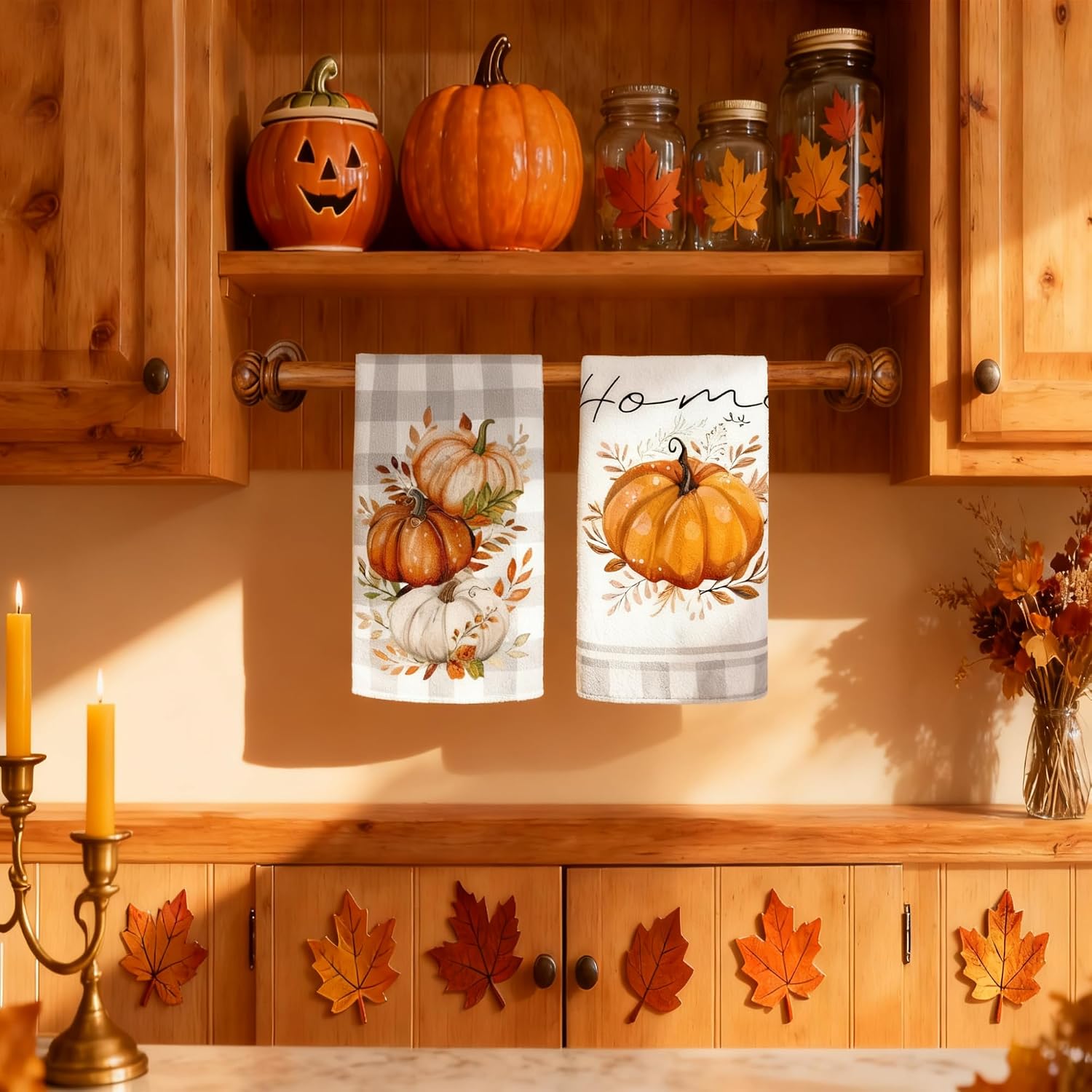 Fall Kitchen Towels Set of 4, Pumpkin Buffalo Plaid Dish Towels