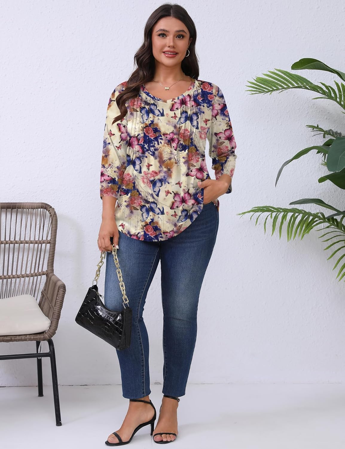 Romanstii Plus Size Tops for Women Womens 2026 Spring 3/4 Sleeve Blouses Dressy Casual V-Neck T-Shirts Pleated Tunic XL-5XL - Image 3