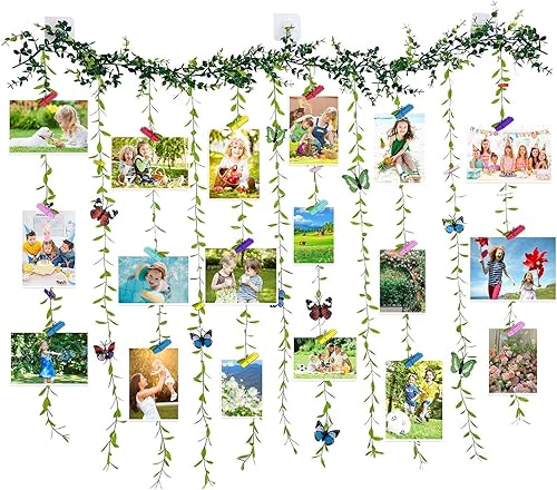 Expositor de fotos para colgar en la pared con clip, juego de collage de marcos de fotos de hojas de árbol de vid artificiales con 40 clips y 8