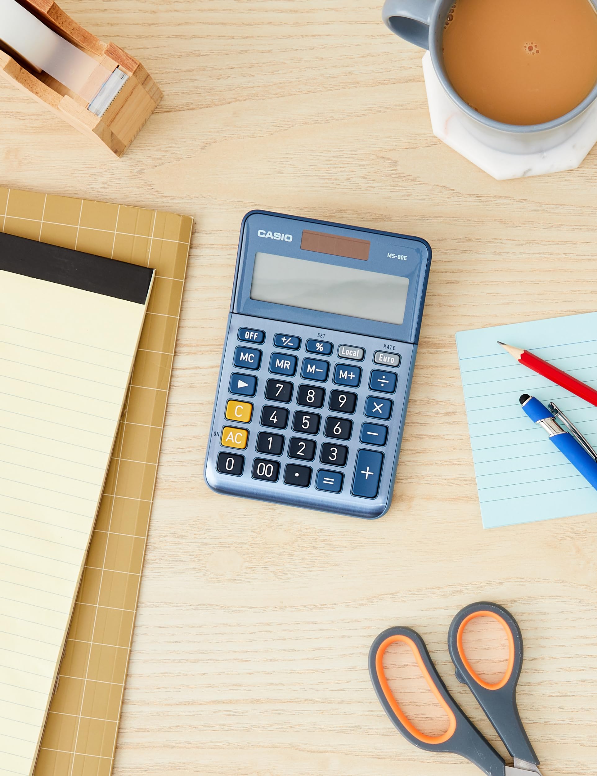 Casio MS-80E - Calculadora de Escritorio con Pantalla Extra-Grande de 8 dígitos, con energía Solar/batería, con cálculo avanzado de Porcentaje, conversión de Moneda en Euros, Azul