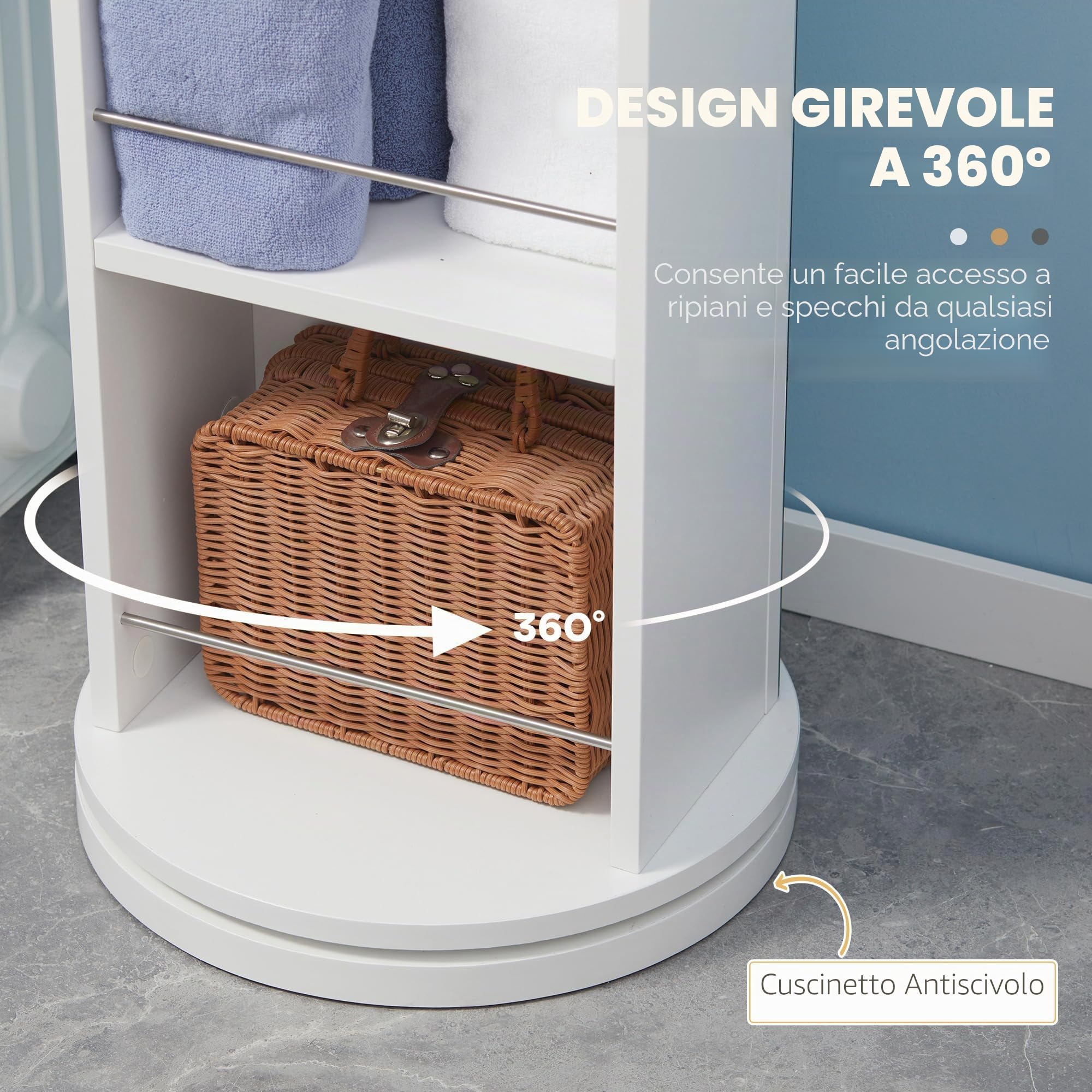 kleankin Mobiletto bagno girevole Mobiletto bagno con specchio - 6 ripiani - 36 x 36 x 171 cm bianco