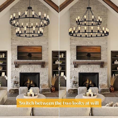 Miniatura 6 de Candelabro negro con rueda de carro, 2 niveles para lámpara de comedor, 30 luces de 48 pulgadas extra grande para techos altos, sala de estar,