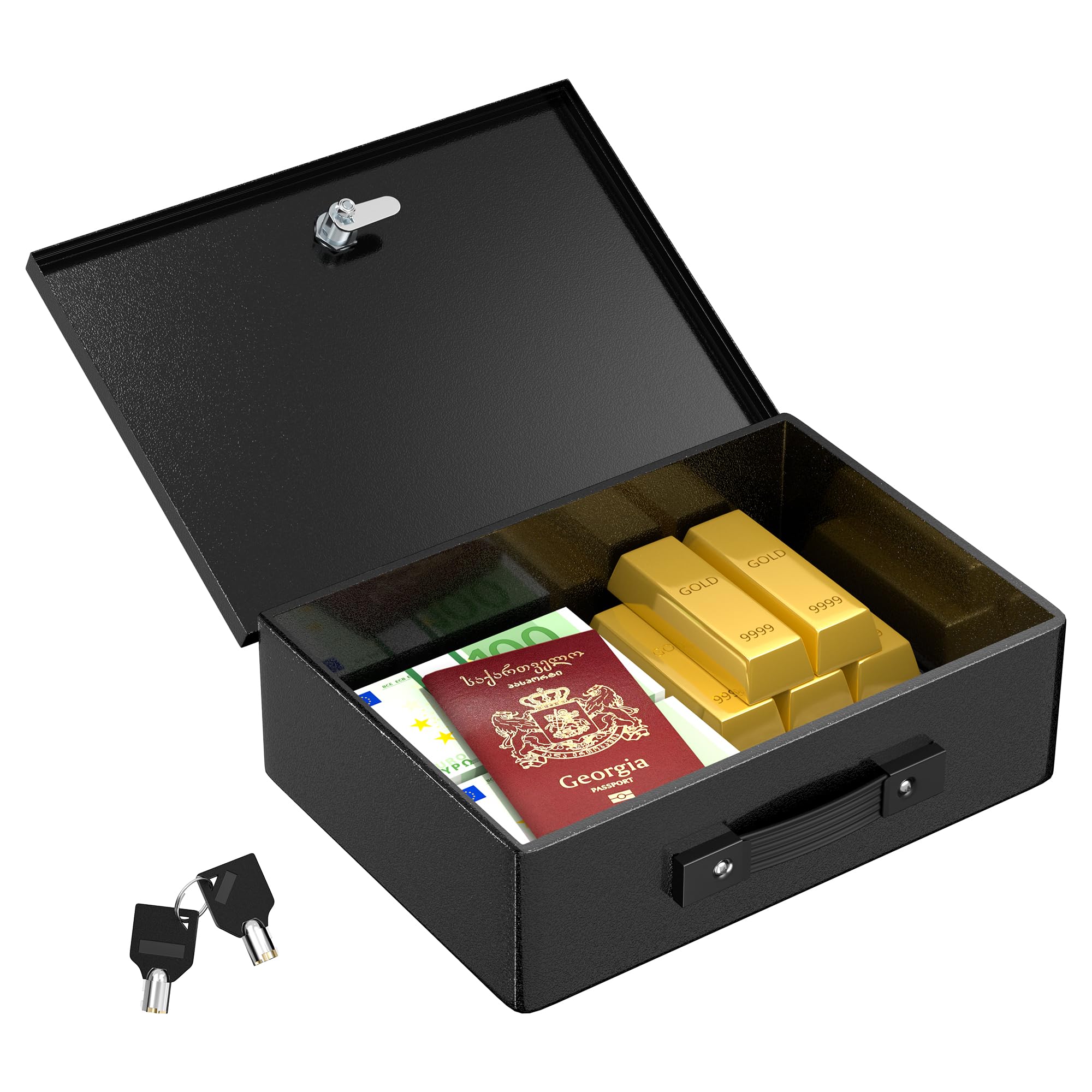 Joinfworld Fireproof Document Box, 13" x 9" x 4" Large Capacity Black Box, Safe Storage with Metal Lock and Keys, Securely Storing, Cash, Passport, Personal Items