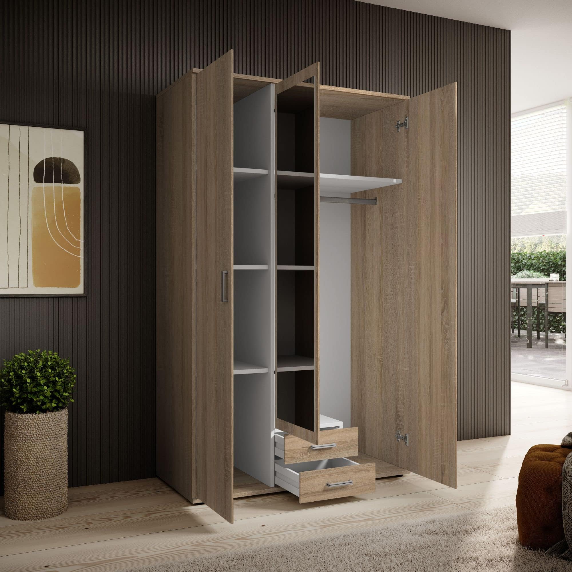 KARL, Elegante armadio a 3 ante molto capiente, versatile in effetto rovere Sonoma con anta a specchio, 120 x 195 x 55 cm