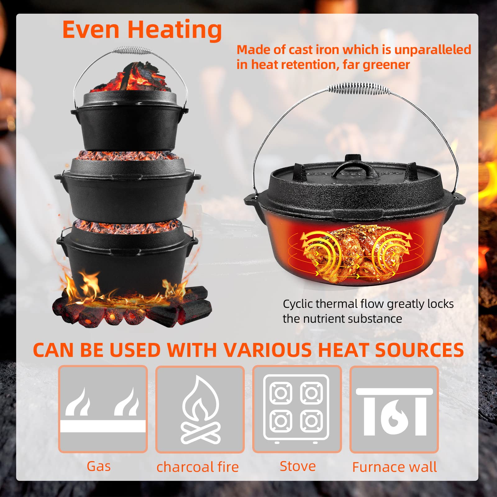 Caldero de Hierro Fundido, Horno Holandés Con Tapa, 4,2-5,7-8,5 L