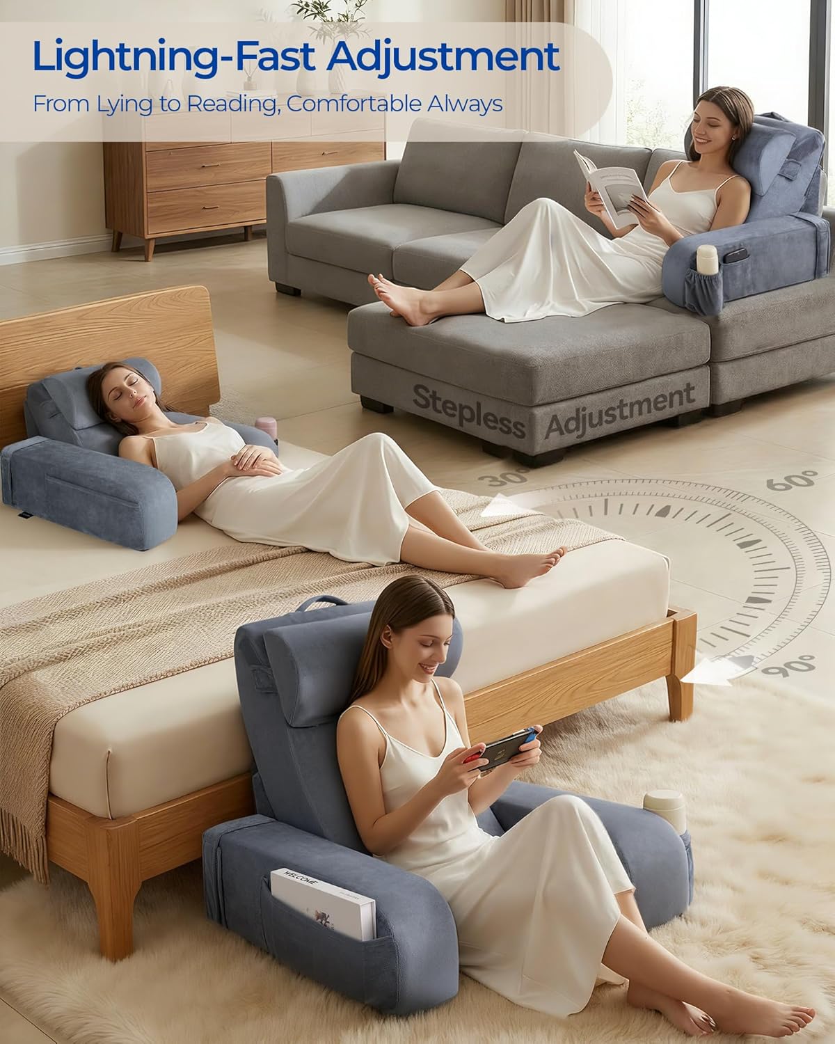 Reading Pillow with 30-90° Stepless Adjustable Angle & Height, 2 in 1 Back Wedge Pillow for Bed Sitting up with Detachable Arms Rest, Backrest Pillow for Reading/Gaming/Working in Bed or Couch, Medium