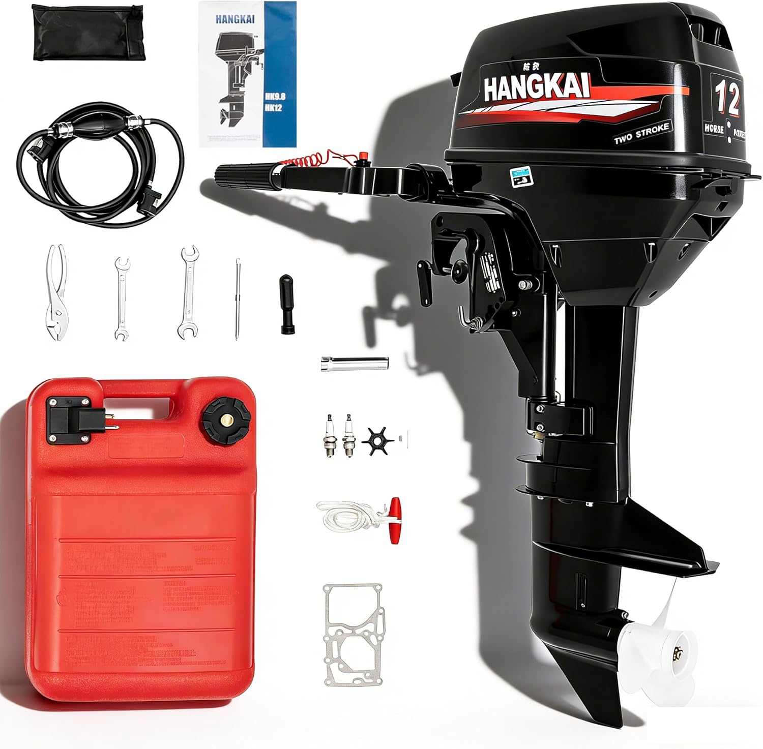 Hangkai 2-Stroke 12HP Outboard Motor, Multi-gear Outboard Motors, Outdoor Boat Motors with CDI Ignition System Water Cooling System for Rubber Boats Inflatable Boats Yachts