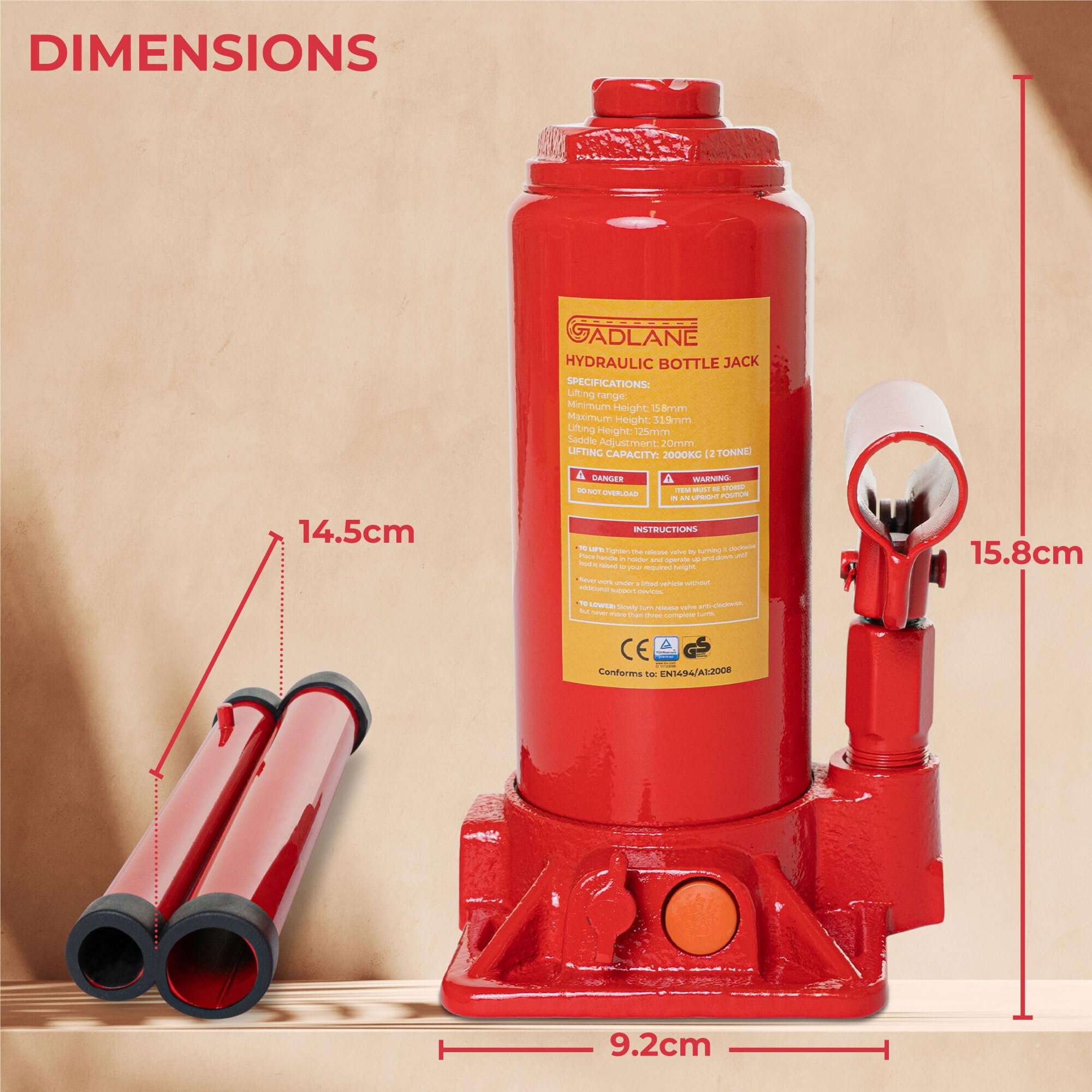 GADLANE Gato hidráulico para Botella de 2 toneladas, Potente y Duradero Gato hidráulico de Acero aleado, válvula de sobrecarga de Seguridad y Mango de Ajuste rápido para Autos pequeños/Furgonetas