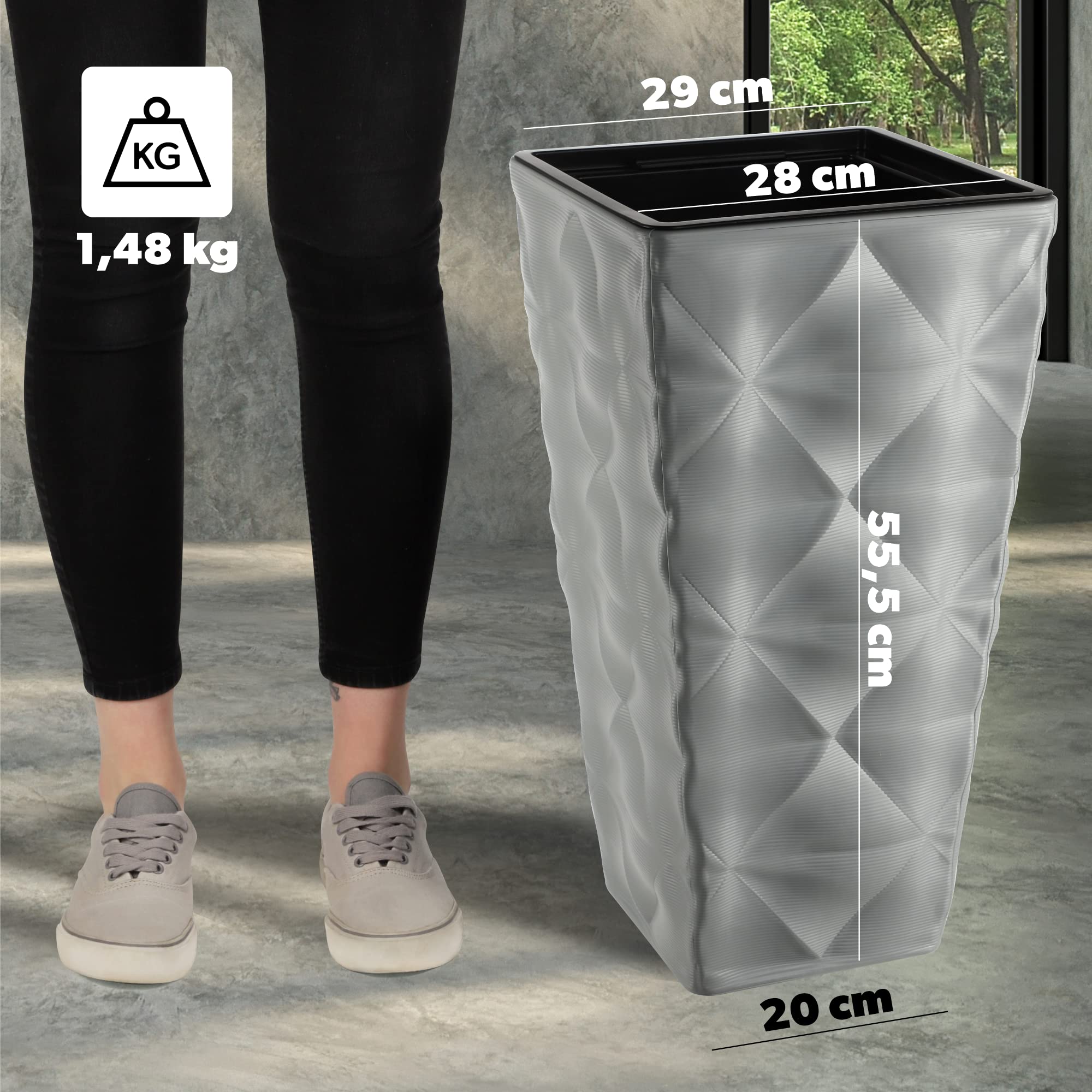 KADAX Pot de fleurs avec effet 3D, bac à fleurs en plastique en 4 couleurs, bac à plantes avec insert et poignées pratiques, pot en plastique, pot pour plantes d'extérieur (gris hauteur : 55,5 cm)