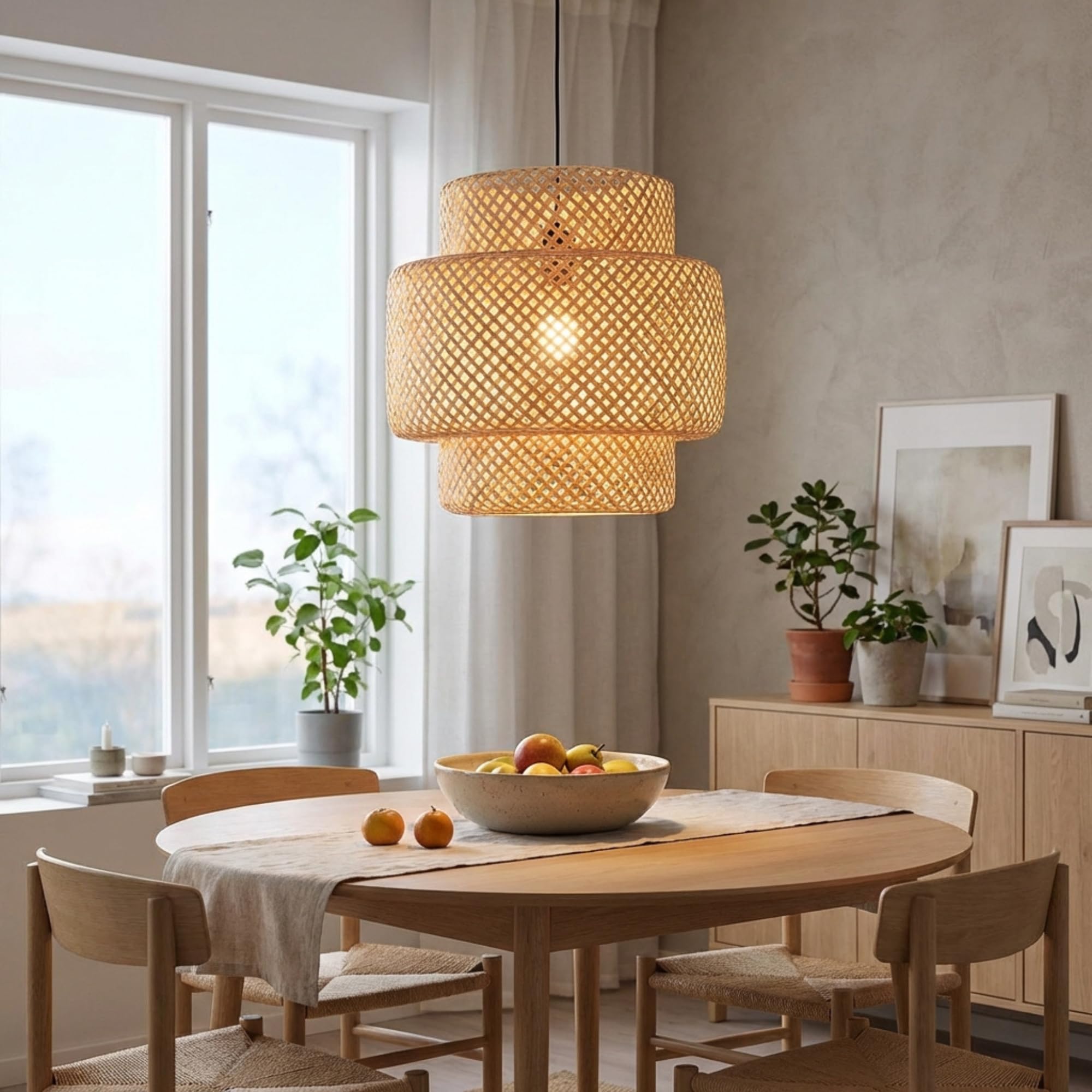 BARCELONA LED Hängelampe Onna aus natürlichem Rattan Ø40 cm. Handgefertigte Pendelleuchte im Boho Stil mit E27 Fassung bis 60W, 3 Kabel-Optionen, warmes Licht für Wohnzimmer & Esszimmer