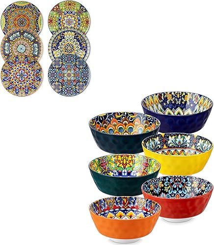 vancasso SIMI - Juego de 6 platos y cuencos llanos de 10.5 pulgadas, cuencos de cereales de 26 onzas, estilo bohemio, aptos para microondas y