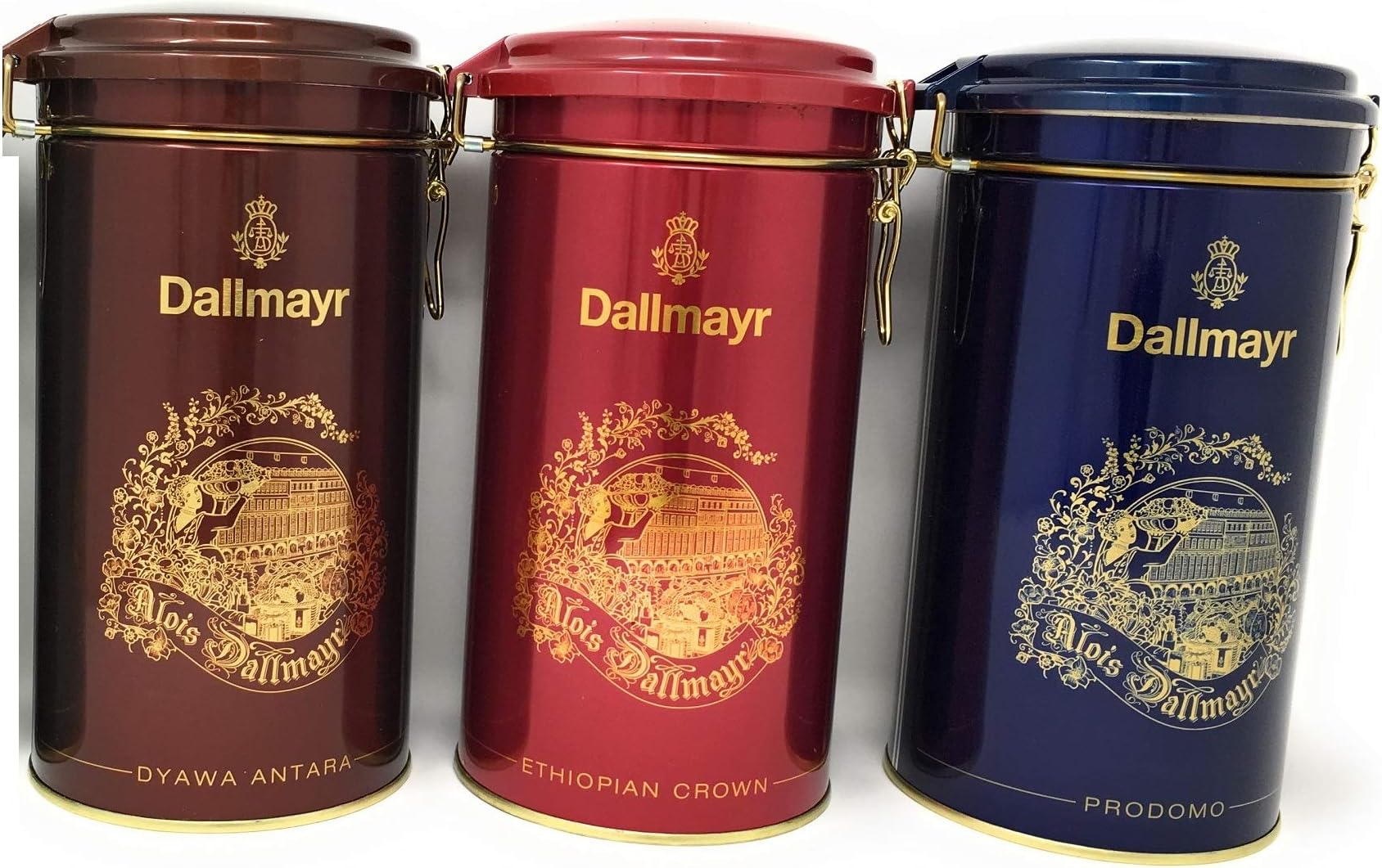 Dallymayr Holiday Gift Coffee Bundle in Festive 17.6 Ounce Gift Tins: One Each of Blue Prodomo, Red Ethiopian Crown, and Bronze Dyawa Antara (THREE 17.6 Ounce Tins)