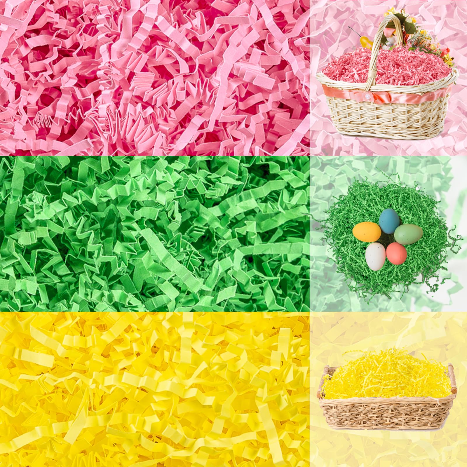 Gloreyan 3 Colors Easter Grass Crinkle Cut Paper Shred, Pink Green Yellow Raffia Paper Shred Filler Grass for Gift Wrapping Basket Filling Birthdays
