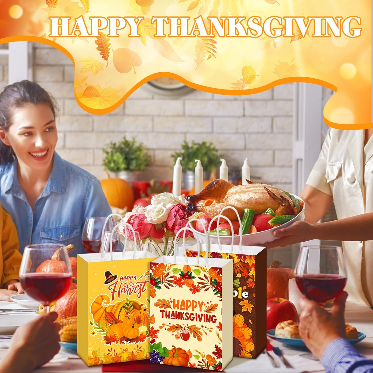 Qeeenar 36 Pcs Thanksgiving Gift Bags Fall Turkey Party Favors Pumpkin Turkey Goodie Candy Paper Bags with Handles Autumn Harvest Treat Pouch for Thanksgiving Party Decorations Supplies - Image 4