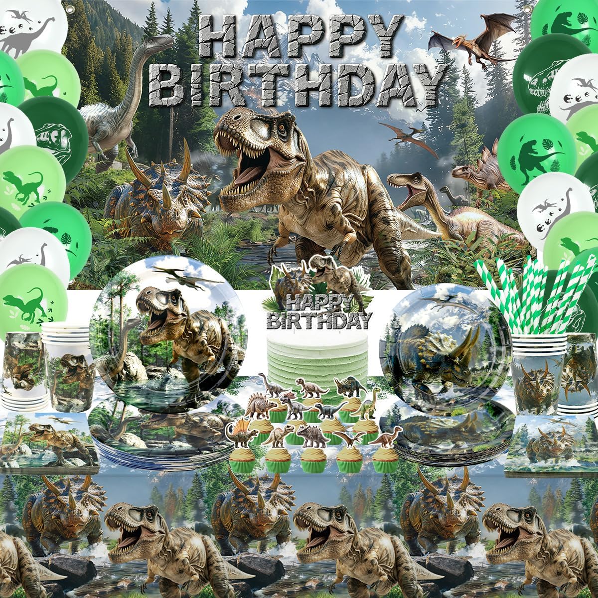 Dinosaur Birthday Party Supplies Kit for Boys, Dino Birthday Decorations-20 Guest-Include Plates, Napkins, Cups, Tablecloth, Backdrop, Balloons, Cake Topper, Tableware