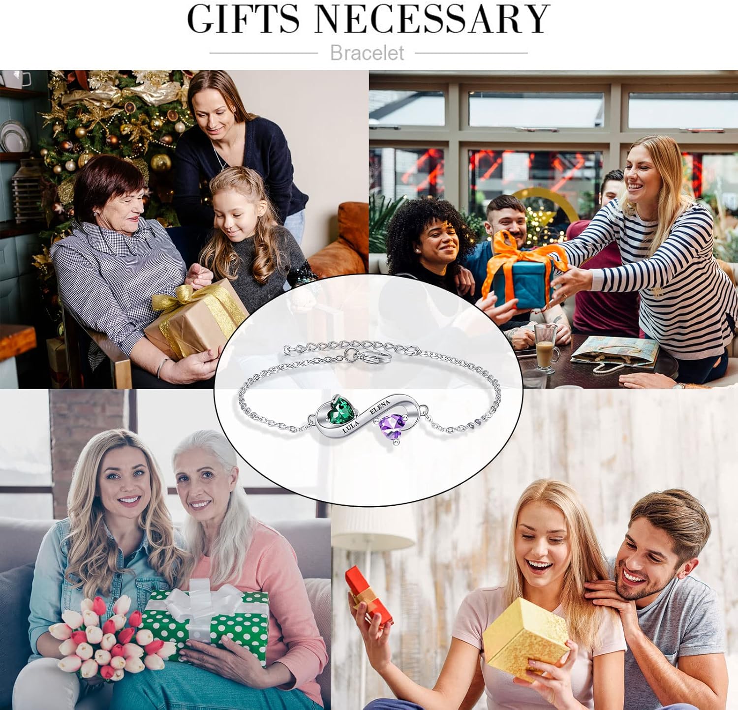 WSX Real Gold 10K/14K/18K Heart Infinity Birthstone Bracelet for Women Name Engraved Jewelry Idea Gift for Mother Nana Wife