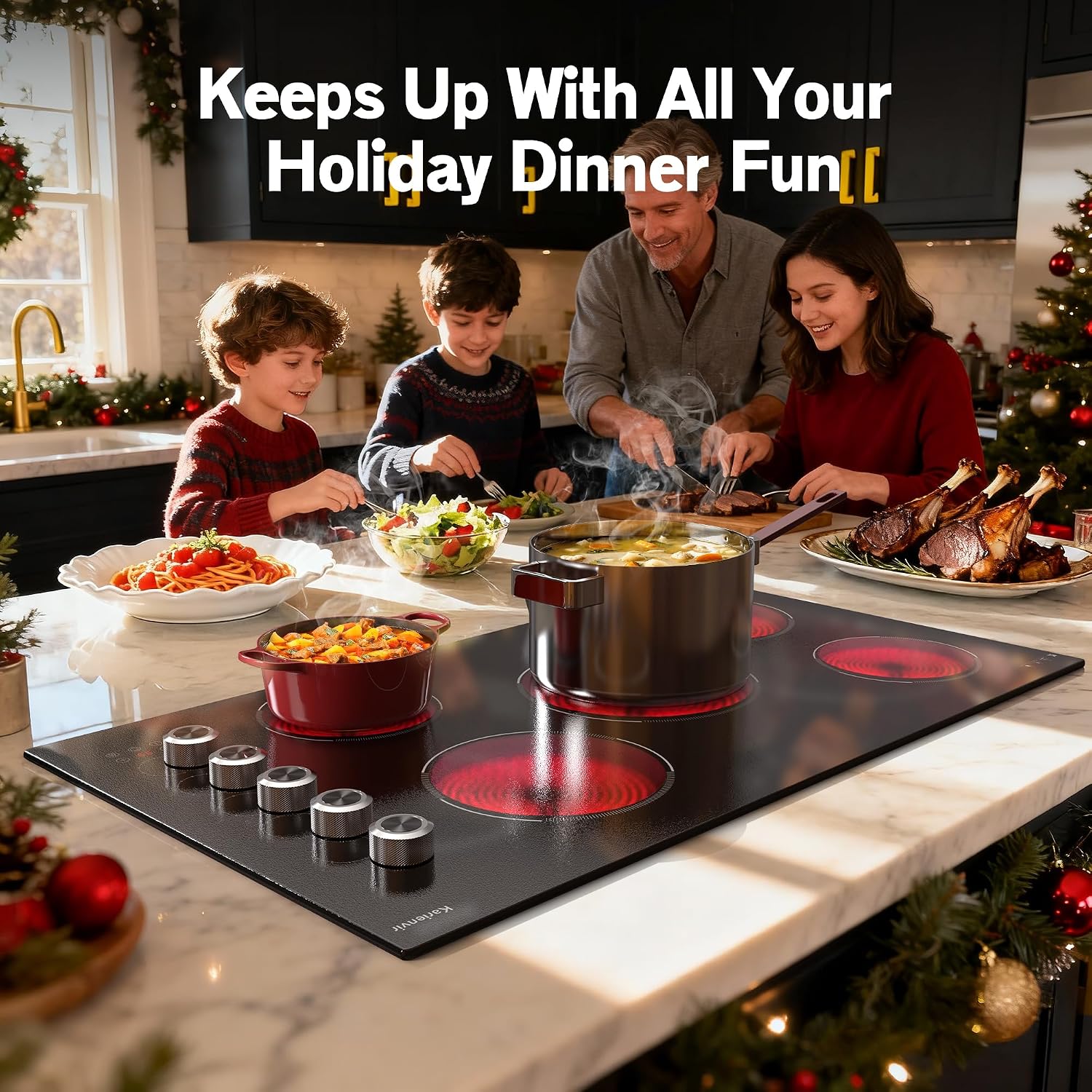 36 Inch Electric Cooktop, 5 burner 8900W,Double-ring Burner | Built-in Electric Stove Top, Cooktop 36" with Knob & Touch Control, 9 Power Levels, Timer, Safety Lock, 220V-240V Hard Wire