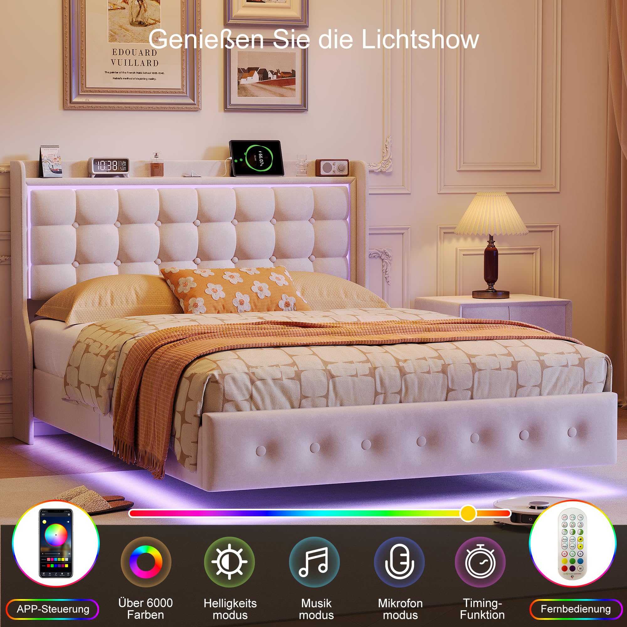Letto imbottito con effetto galleggiante, LED RGB e porte USB integrate, letto matrimoniale 140 x 200 cm con testiera e rete a doghe in tessuto velluto