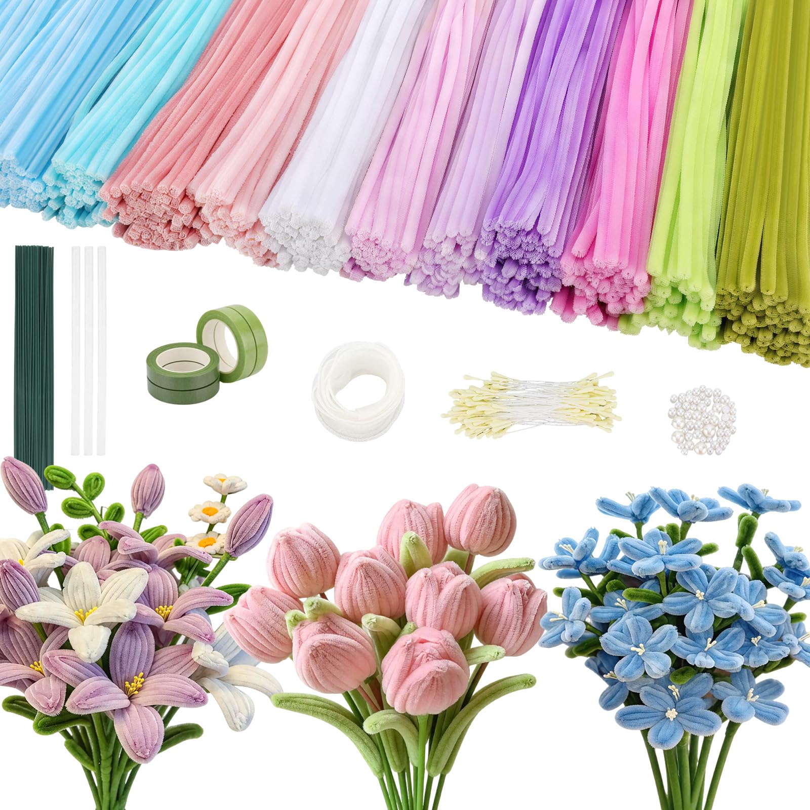 800PCS Pipe Cleaners Craft Kit ，Fluffy Chenille Stems with Tutorial