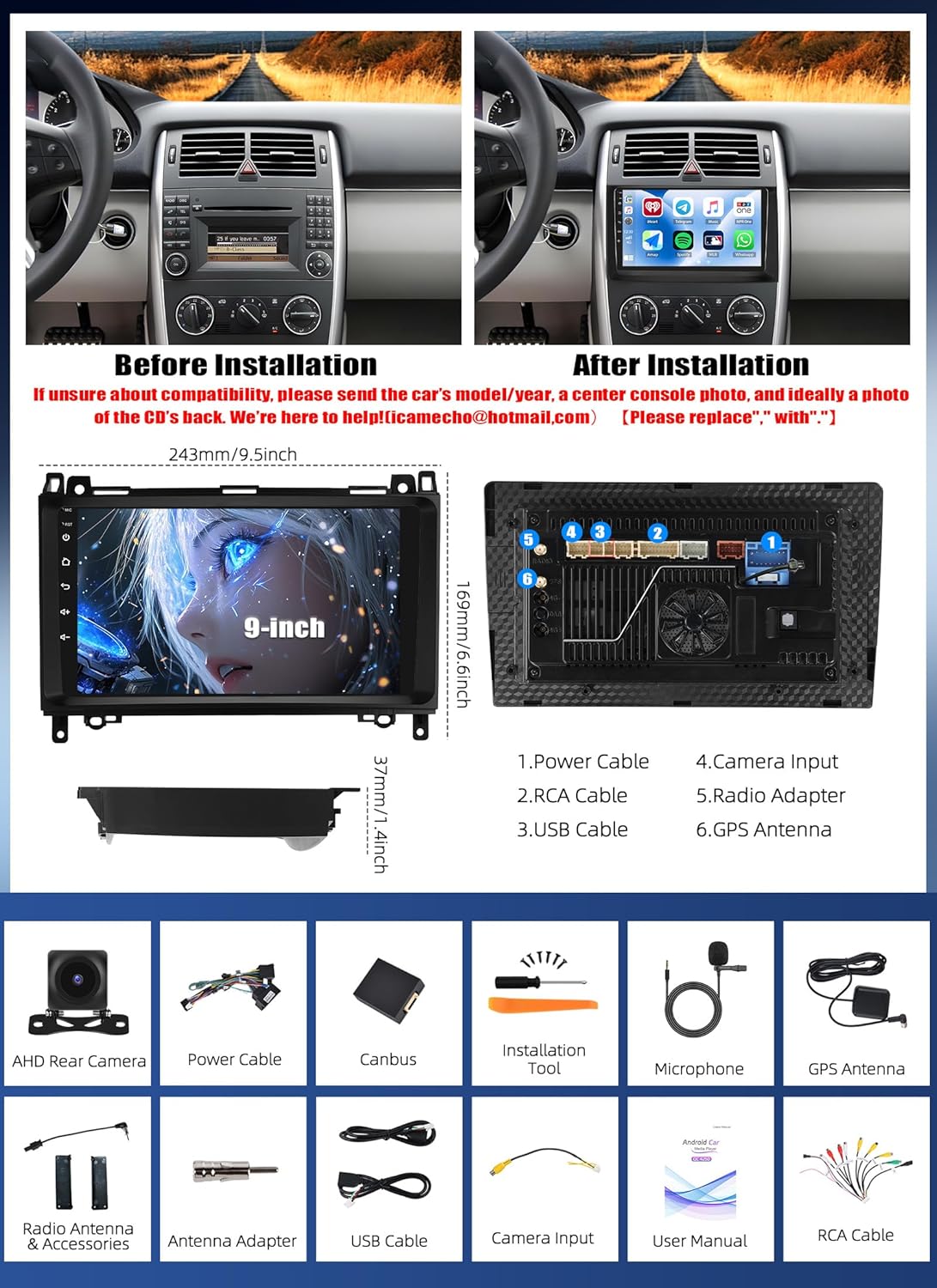 Diagram showing car radio components and included accessories