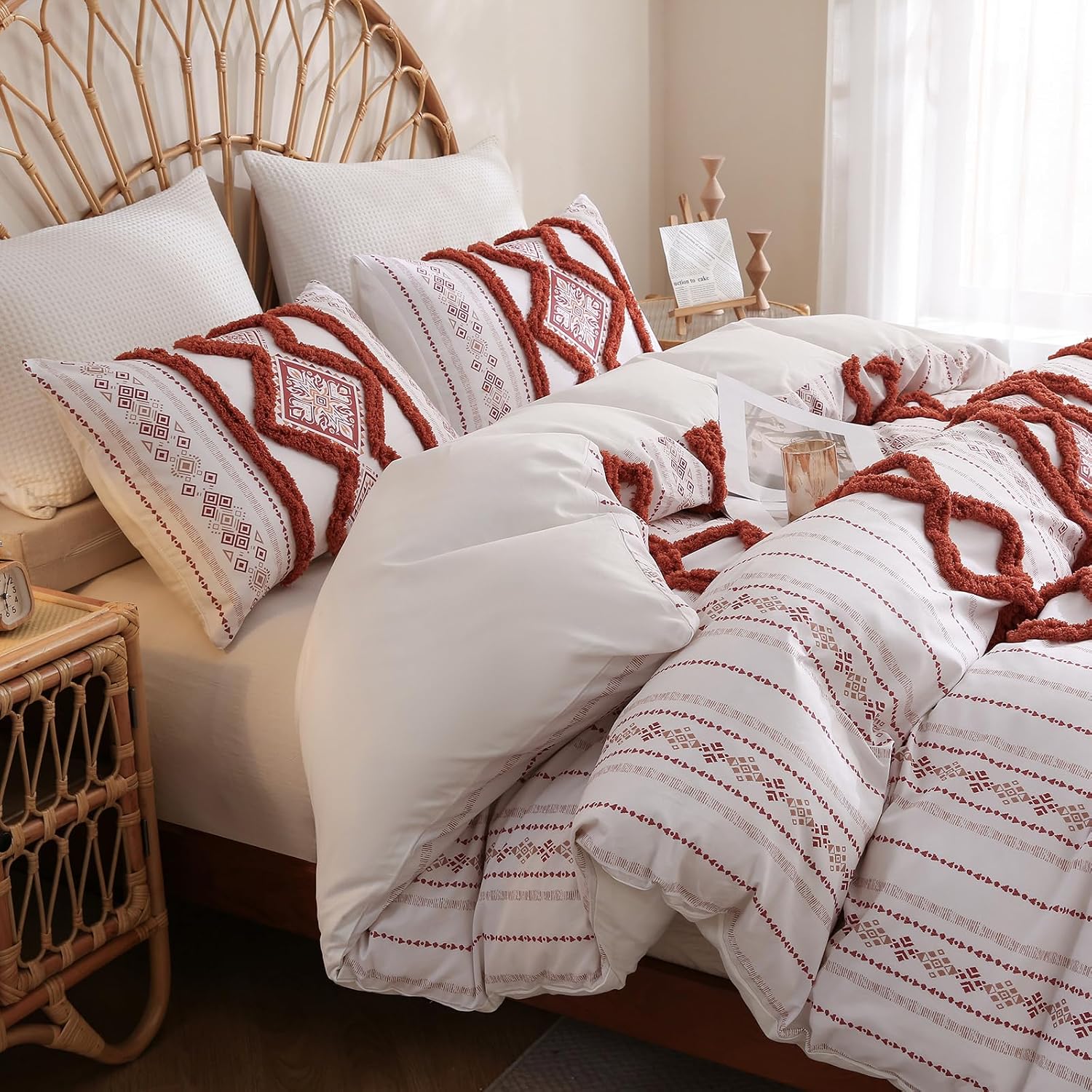 Herside 100% Cotton Boho Duvet Cover Set King Size,Shabby Chic Aztec Western Brick Red Tufted Bedding,Farmhouse Luxury 3 Piece Textured Quilt Duvet Set for All Season Home Decor