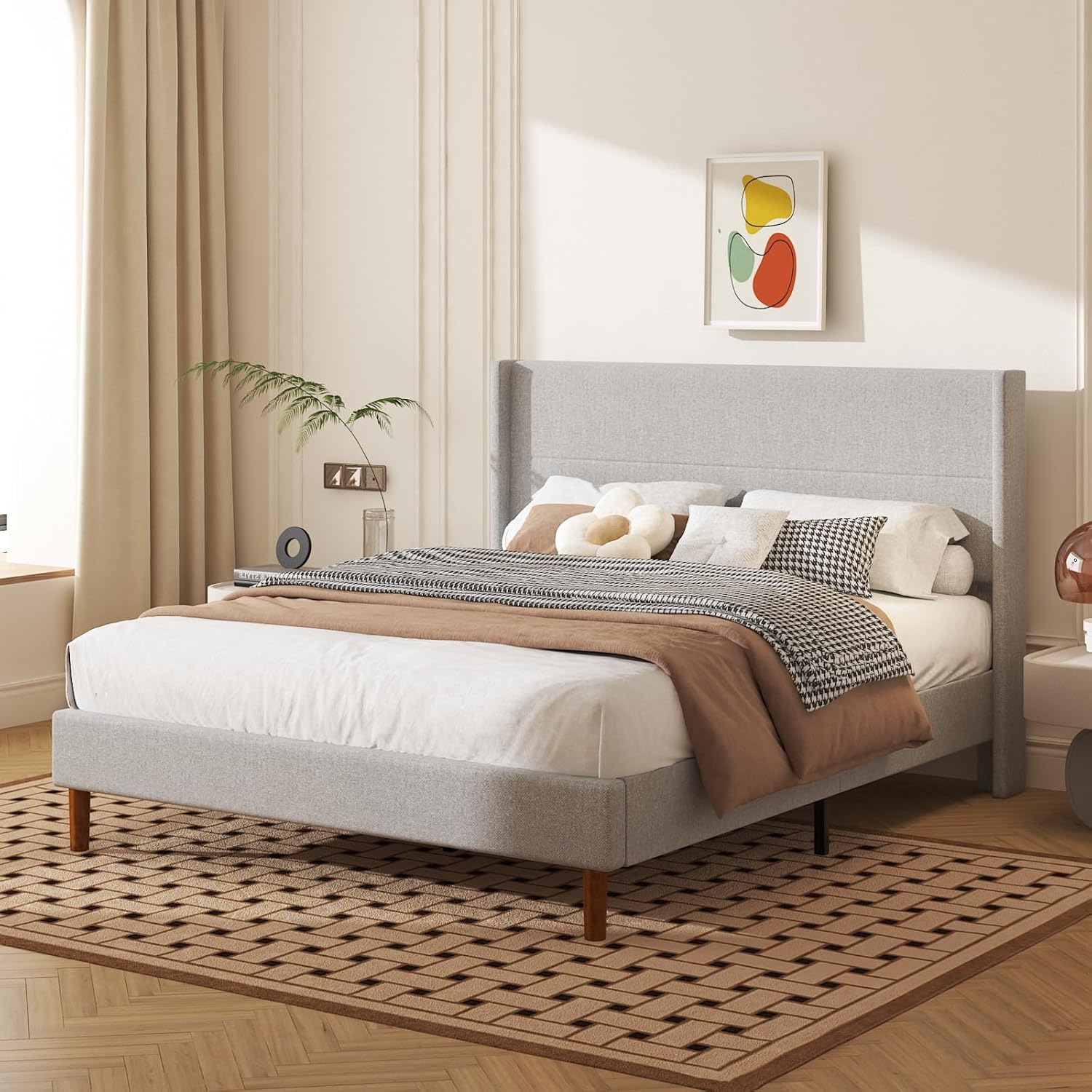Queen Size Bed Frame, Linen Upholstered Platform with Wingback Headboard, Wooden Slats Support, No Box Spring Needed, Easy Assembly, Lightgrey