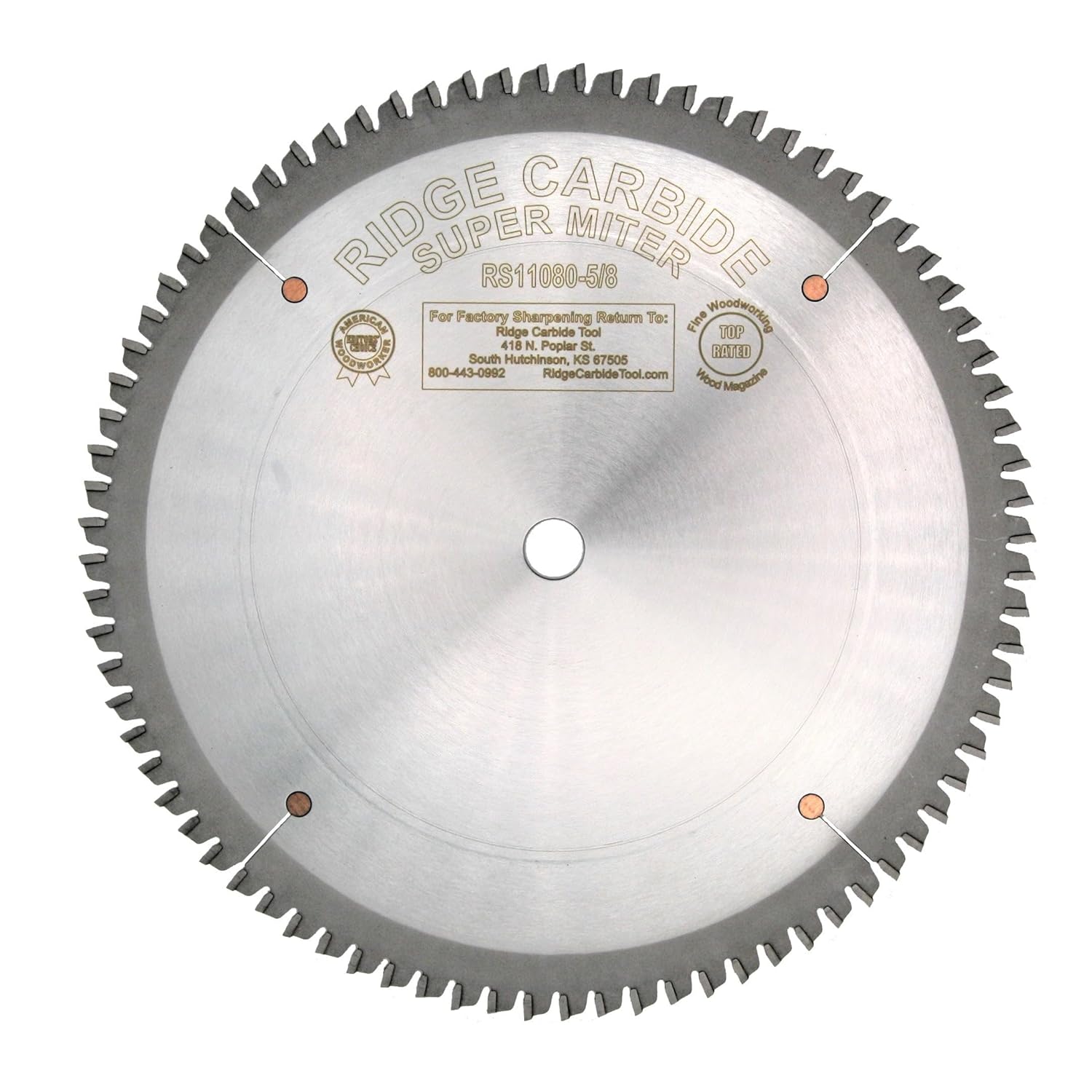 Ridge Carbide 10" Super Miter Full Kerf Saw Blade | 80 Teeth, AR 4+1 Grind, -5° Hook, 5/8" Bore, 0.087" Plate Thickness, 0.115" Kerf | for Crosscutting Wood and Sheet Goods (RS11080-5/8)