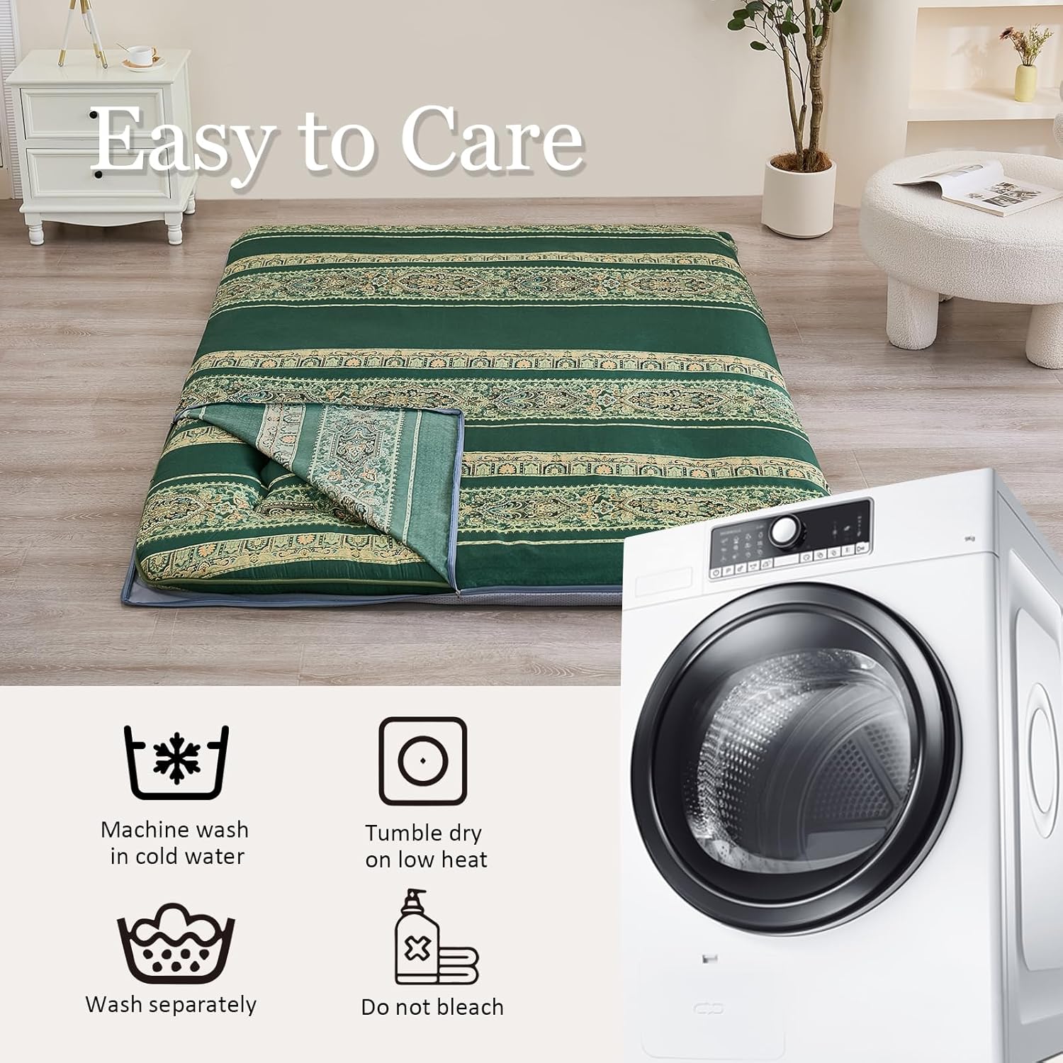 Zelladorra Anti-Slip Futon Mattress Cover Twin Size, Japanese Floor Mattress Cover with Zipper, Machine Washable (Bohemian Green)