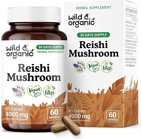Wild & Organic Cápsulas de hongos Reishi de 1000 mg - Apoyo inmunológico y energético - Extracto de hongo Reishi rojo - Suplemento de Ganoderma