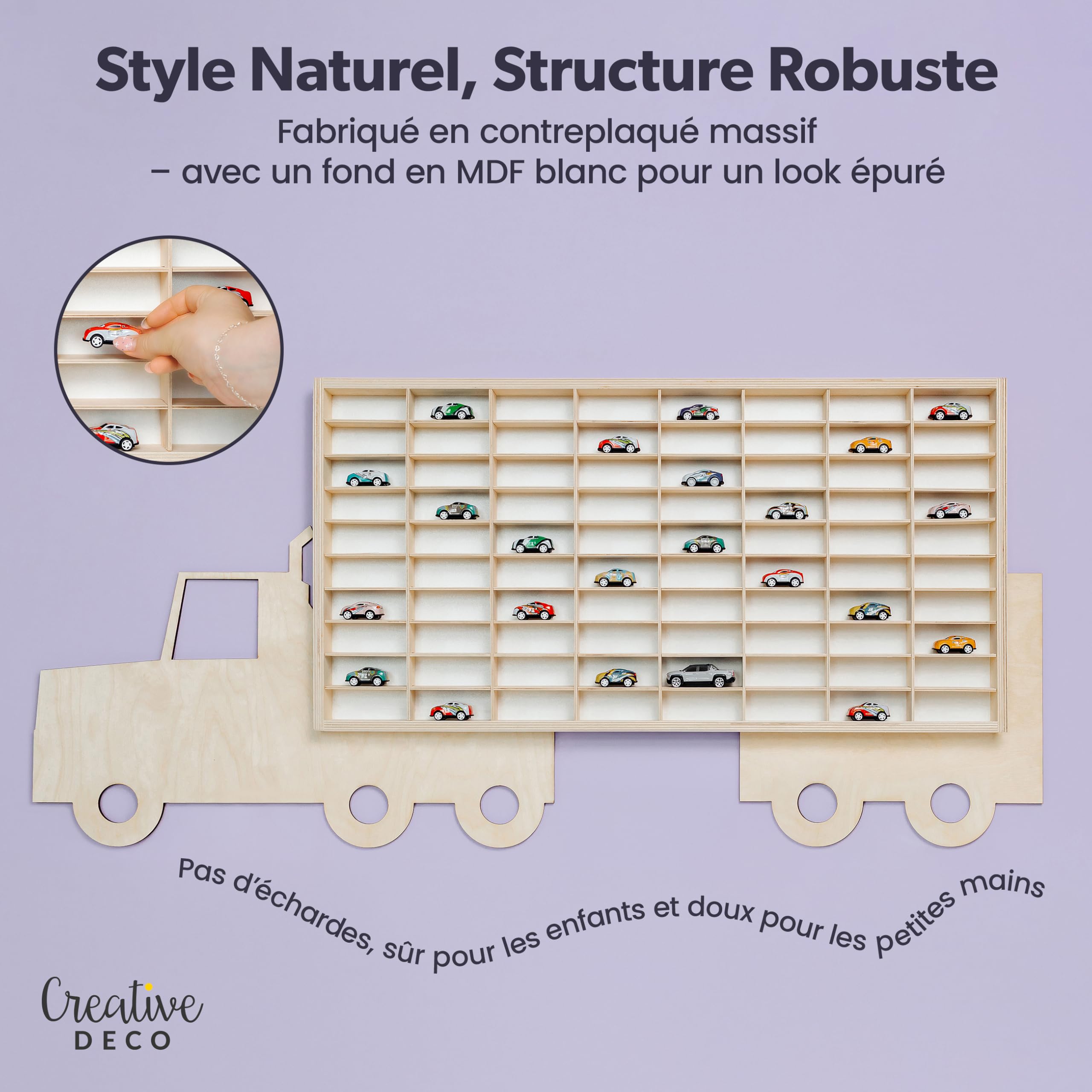 Creative Deco Étagère de Collection en Bois pour Petites Voitures – 80 Compartiments Réglables | Étagère Murale Verticale pour Figurines | Vitrine de Collection en Forme de Camion 116 x 54 x 5 cm