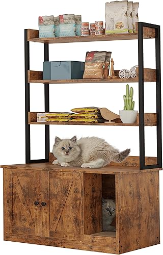 IRONCK Caja de arena con 3 estantes y puertas, caja de arena grande de madera para gatos, muebles ocultos con almacenamiento y arañazos, se adapta a