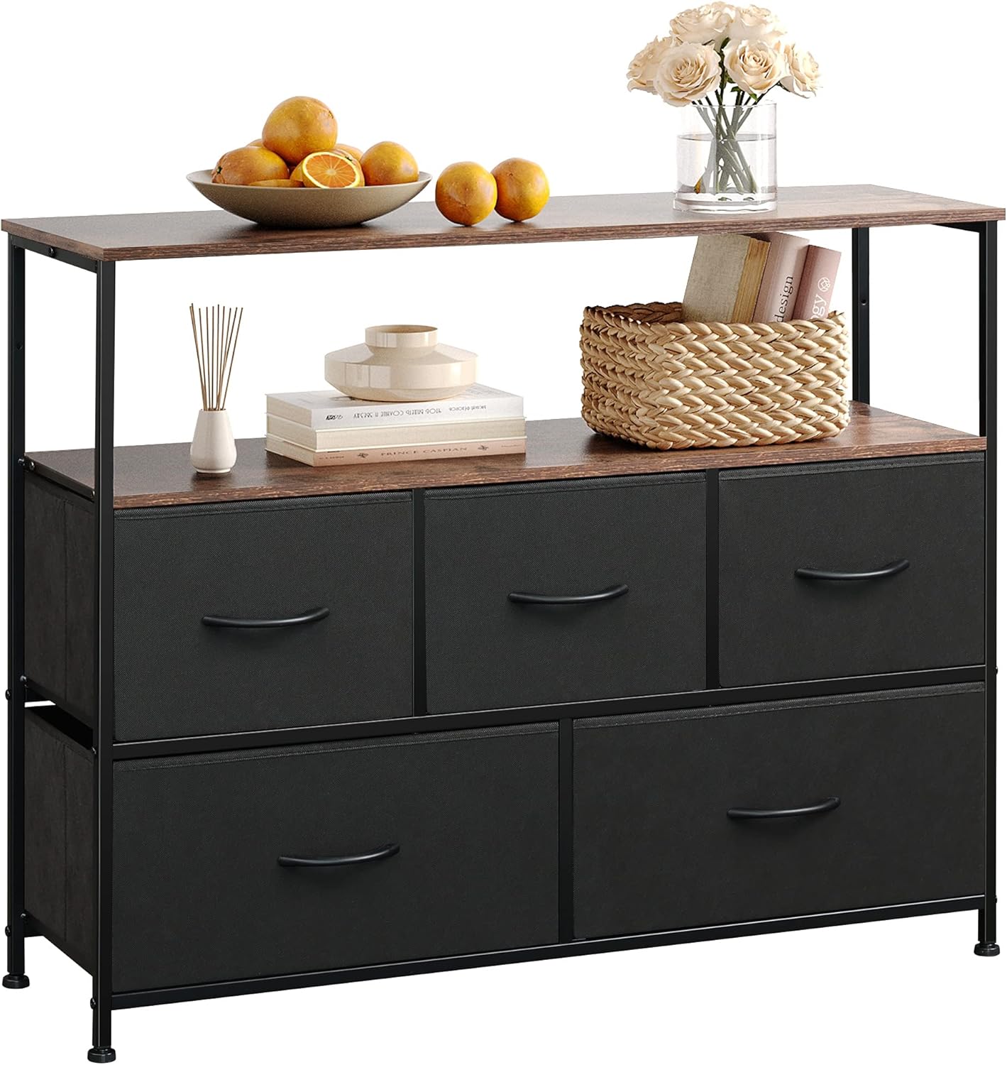 WLIVE Dresser TV Stand, Entertainment Center with Fabric Drawers, Media Console Table with Open Shelves for TV up to 45 inch, Storage Drawer Unit for Bedroom, Living Room, Entryway, Black : Home & Kitchen