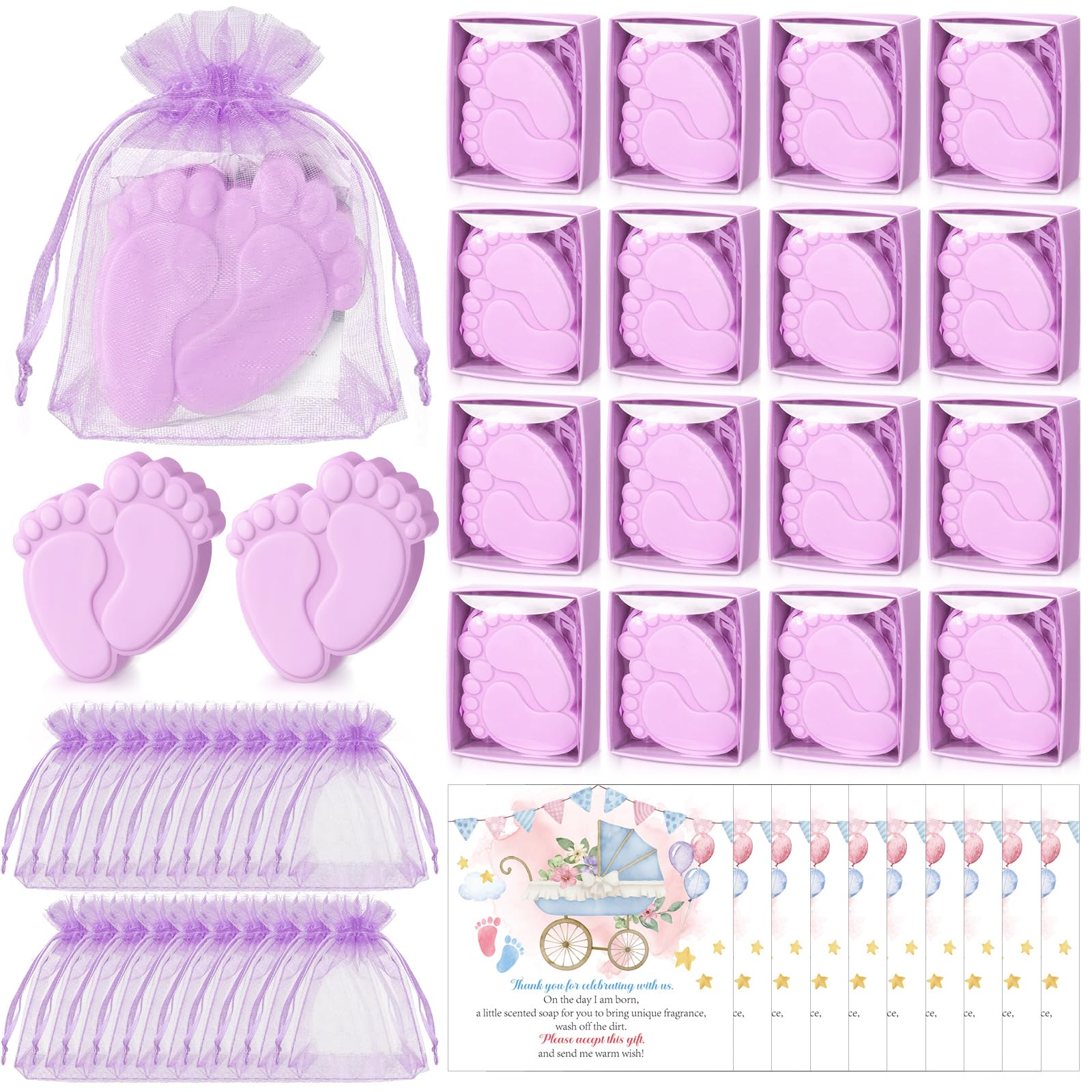 50 Sets Baby Shower Feet Soaps Bulk Return Favors for Guests Handmade Scented Soap with Organza Bags Thank You Cards for Girl Boy Baby Shower Gifts Souvenirs Decorations (Purple)