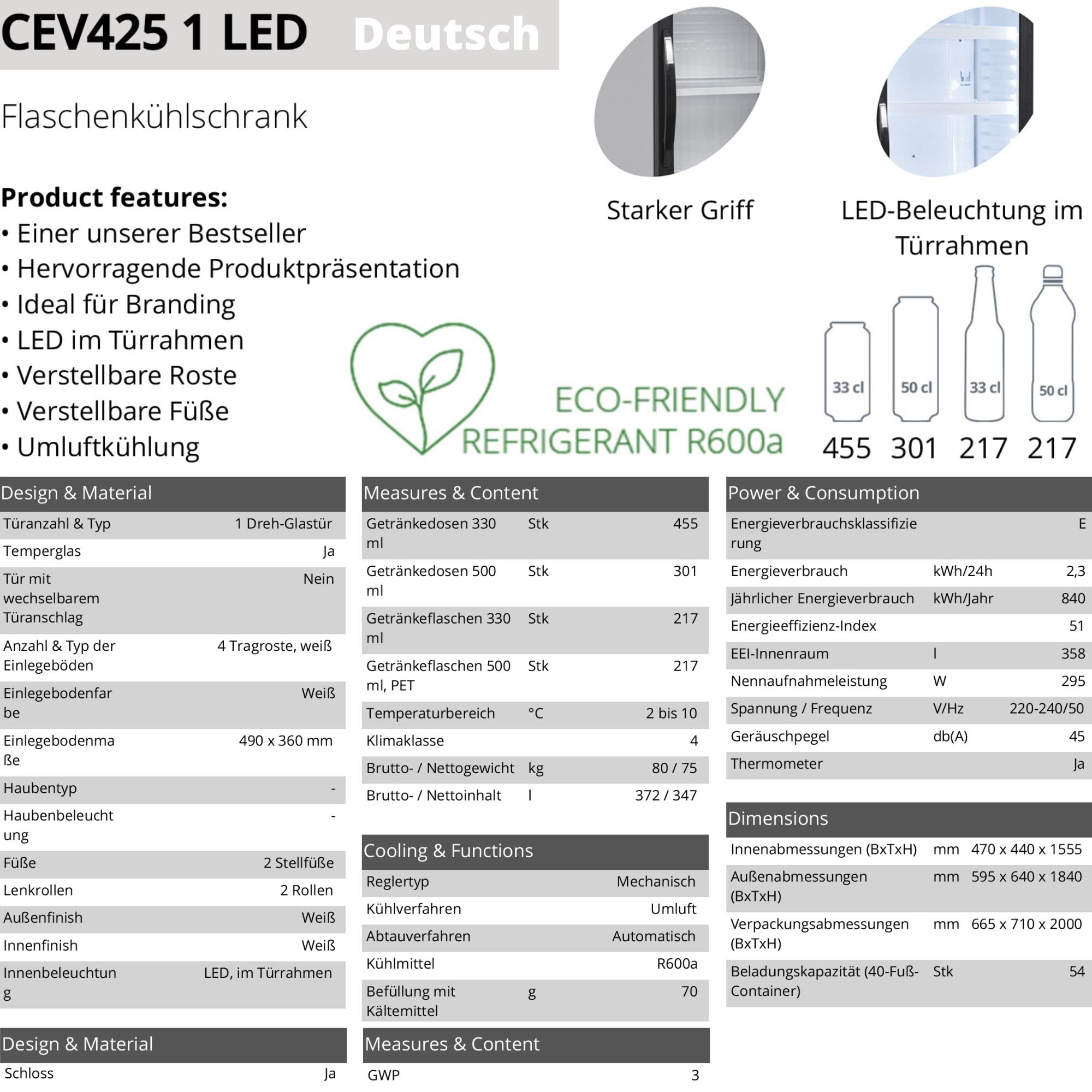 Tefcold CEV425 1 LED Frigorífico para Bebidas, Volumen Bruto 372 L, Nevera Expositora, Frigorífico con Puerta de Cristal, Rango de Temperatura 2 a 10 °C, Luz Interior LED dentro del Marco de Puerta